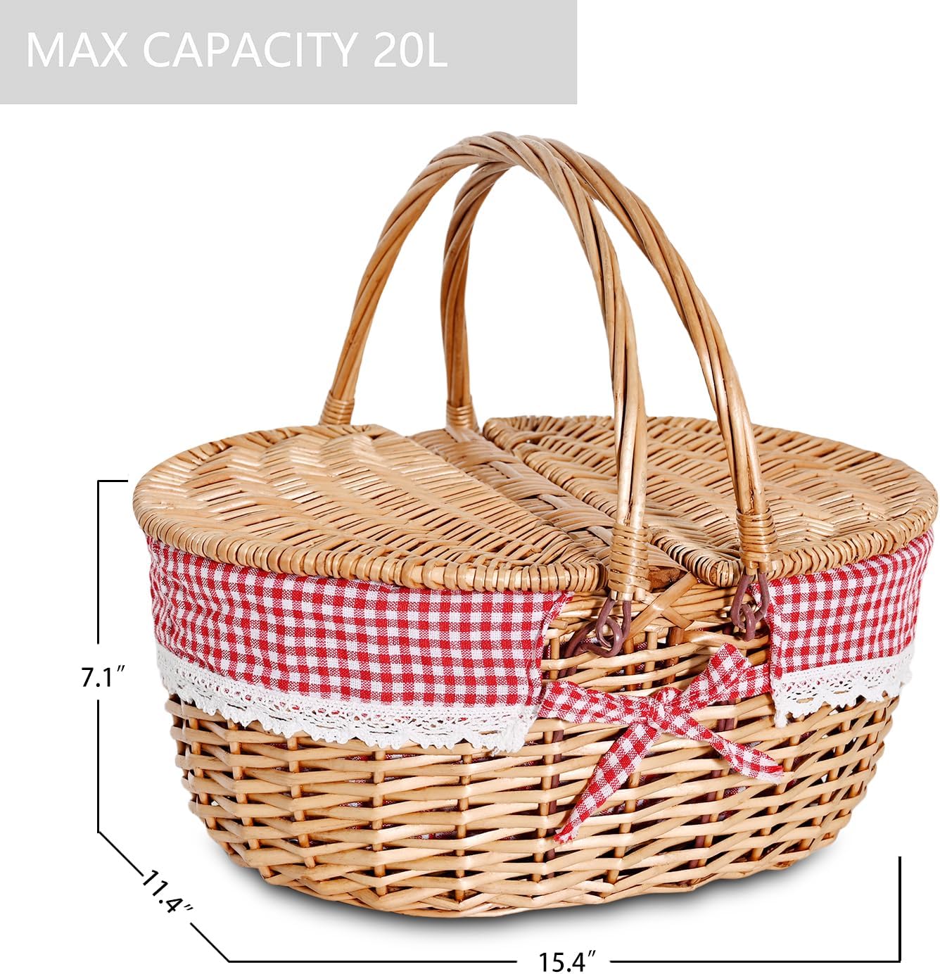 Wicker Picnic Basket with Removable Liner Empty Picnic Baskets with Lid for 2, Picnic Hamper with Foldable Handles for Picnic 2,Checkered