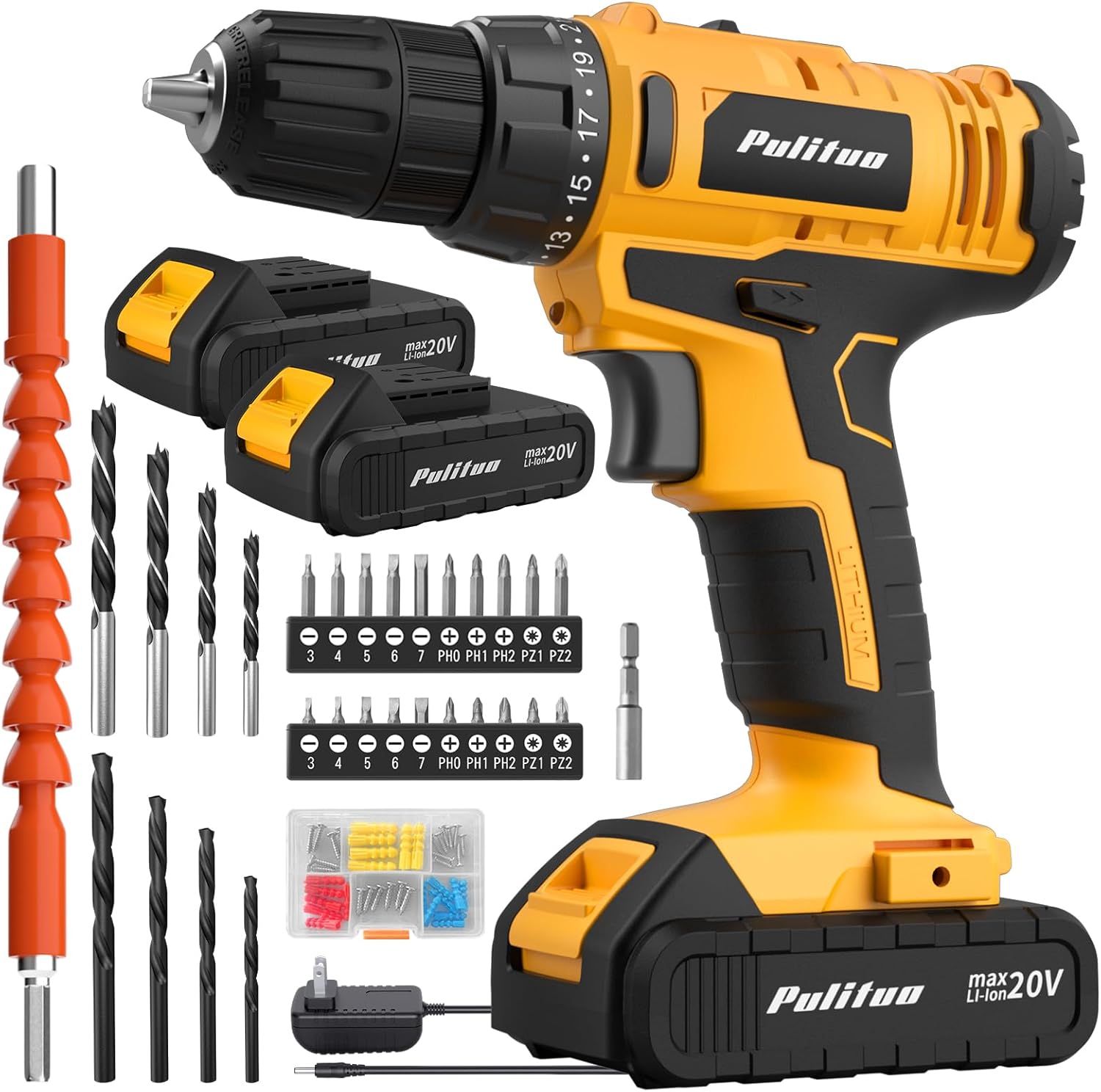 PULITUO 20V Cordless Drill/Driver, 2 Batteries Electric Screwdriver, 30Nm Power Drill Driver, 21+1 Torque, 2 Speed, 3/8"Keyless Chuck, power Drill with LED Light, Drill Driver Kit for Home (Yellow)