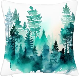 Watercolor Painting of Some Pine Trees Pattern Printed Throw Pillow Square Decorative Pillow for Sofa, Chair, Daybed, 18 x 18 in,Green