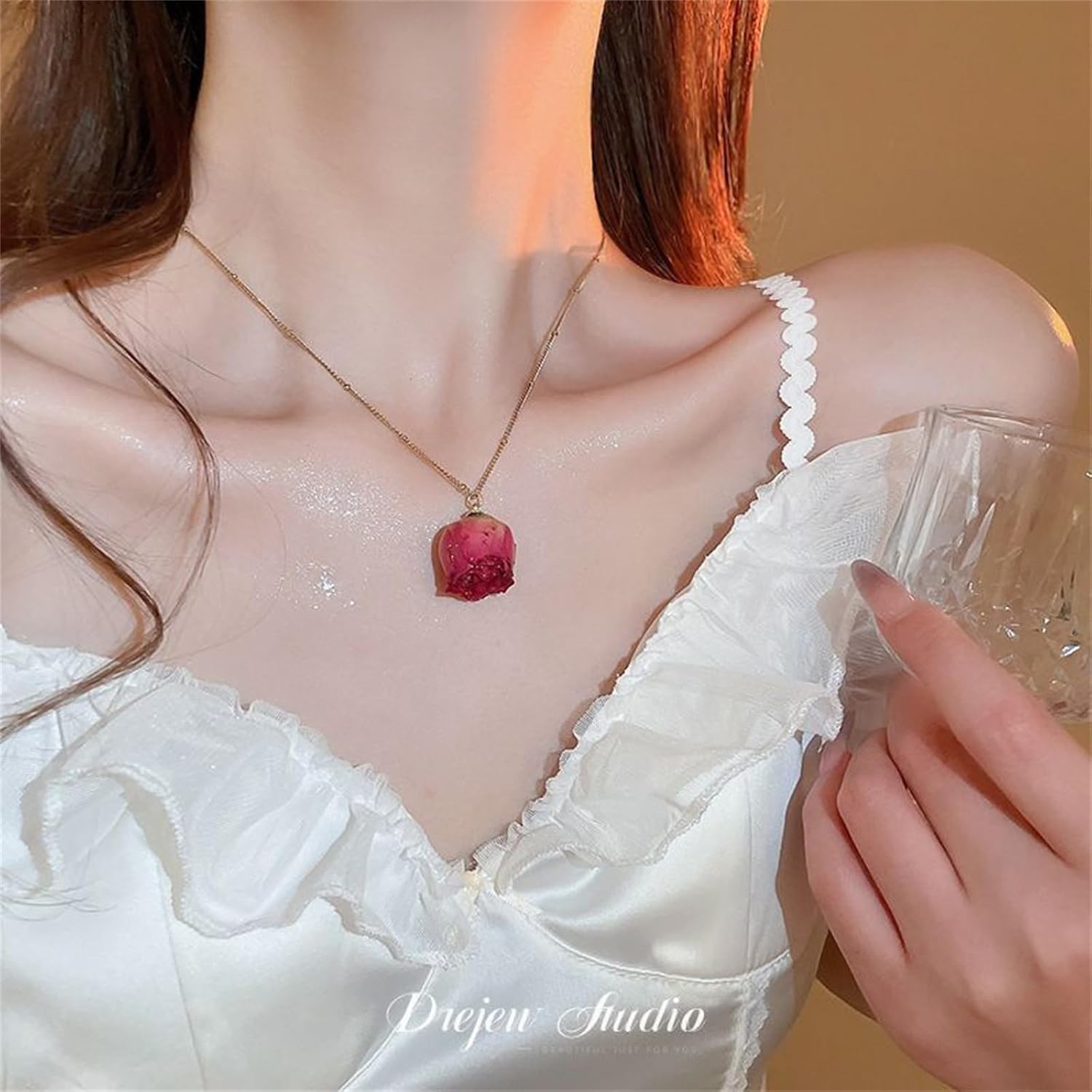 Natural Rose Flower Necklace Earrings Set for Women Handcrafted Resin Casting Red Yellow Flower Necklace Unique Sparkle Rhinestone Bow Pearl Flower Dangle Drop Earrings Valentine's Day Jewelry Gifts - Image 4