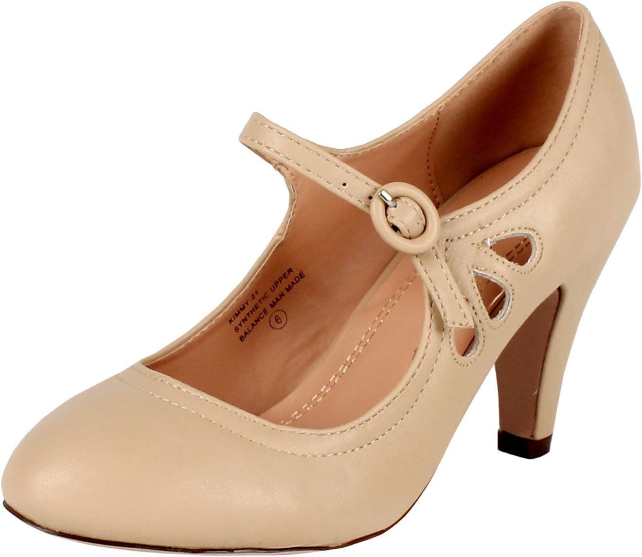Kimmy-21 Women's Round Toe Pierced Mid Heel Mary Jane Style Dress Pumps