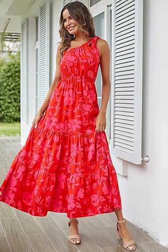 Vista 8 de PRETTYGARDEN Vestido maxi de verano con un hombro floral para mujer, con nudo, dobladillo, estilo bohemio, para la playa, de vacaciones