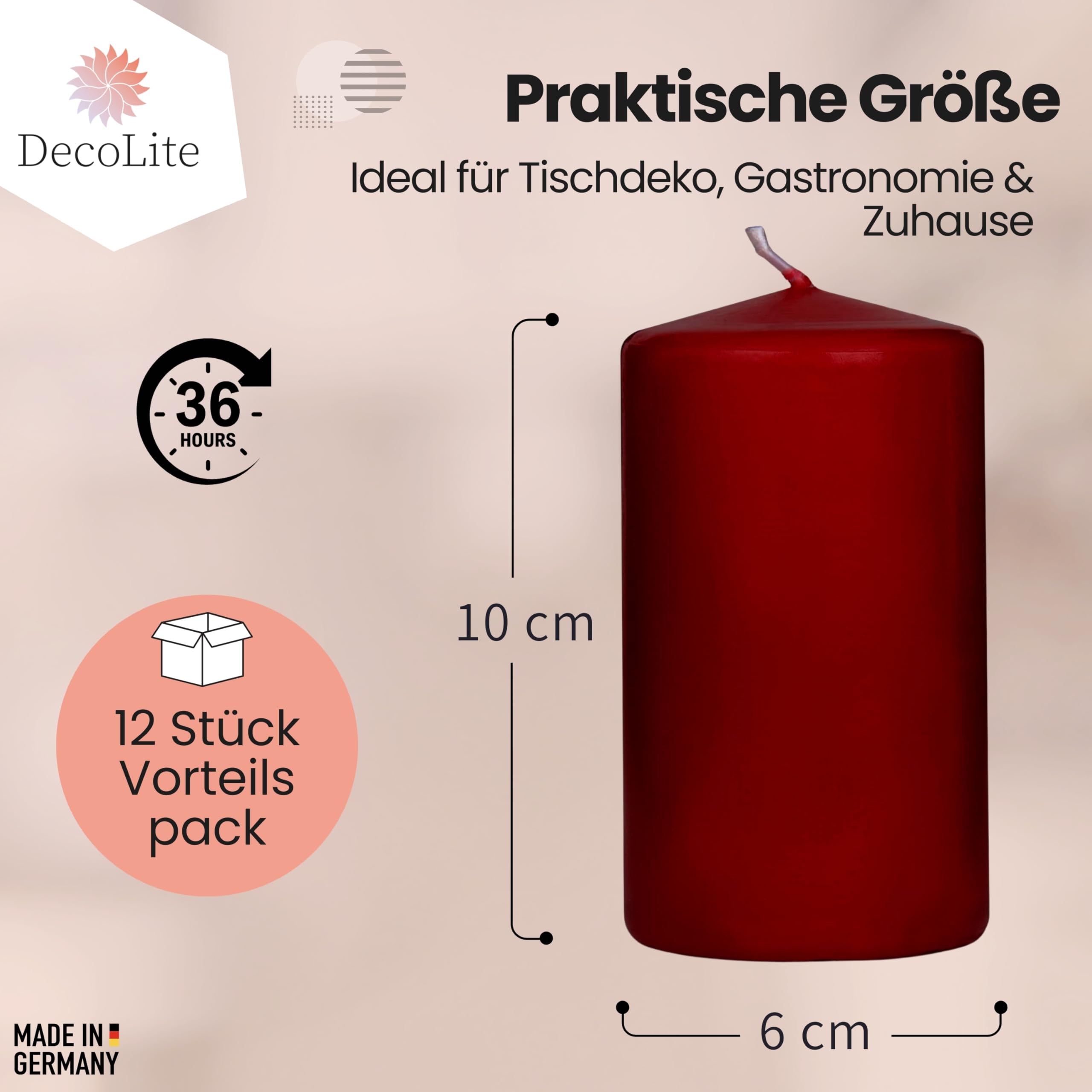 Confezione da 12 candele a pilastro, 100/60 mm, autoestinguenti, con certificazione RAL, durata 36 ore, 100% Made in Germany by Wenzel Kerzen (rosso antico)