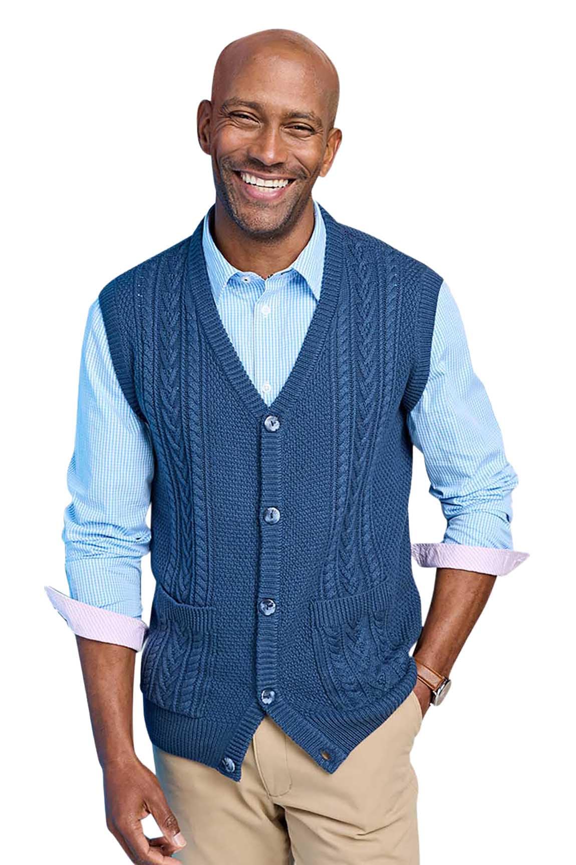 Tootal Men's Cable Knitted Waistcoat, Chunky Cotton Blend Sleeveless Jumper, Smart Casual Lightweight Knit Vest Denim L