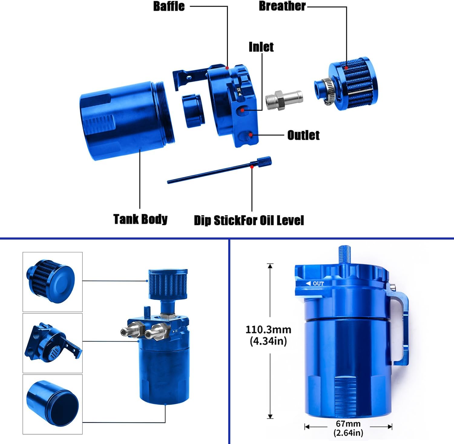 Universal 300ml Aluminum Baffled Oil Separator Catch Can Kit with Air Filter 10MM 12MM 15MM Fitting Blue