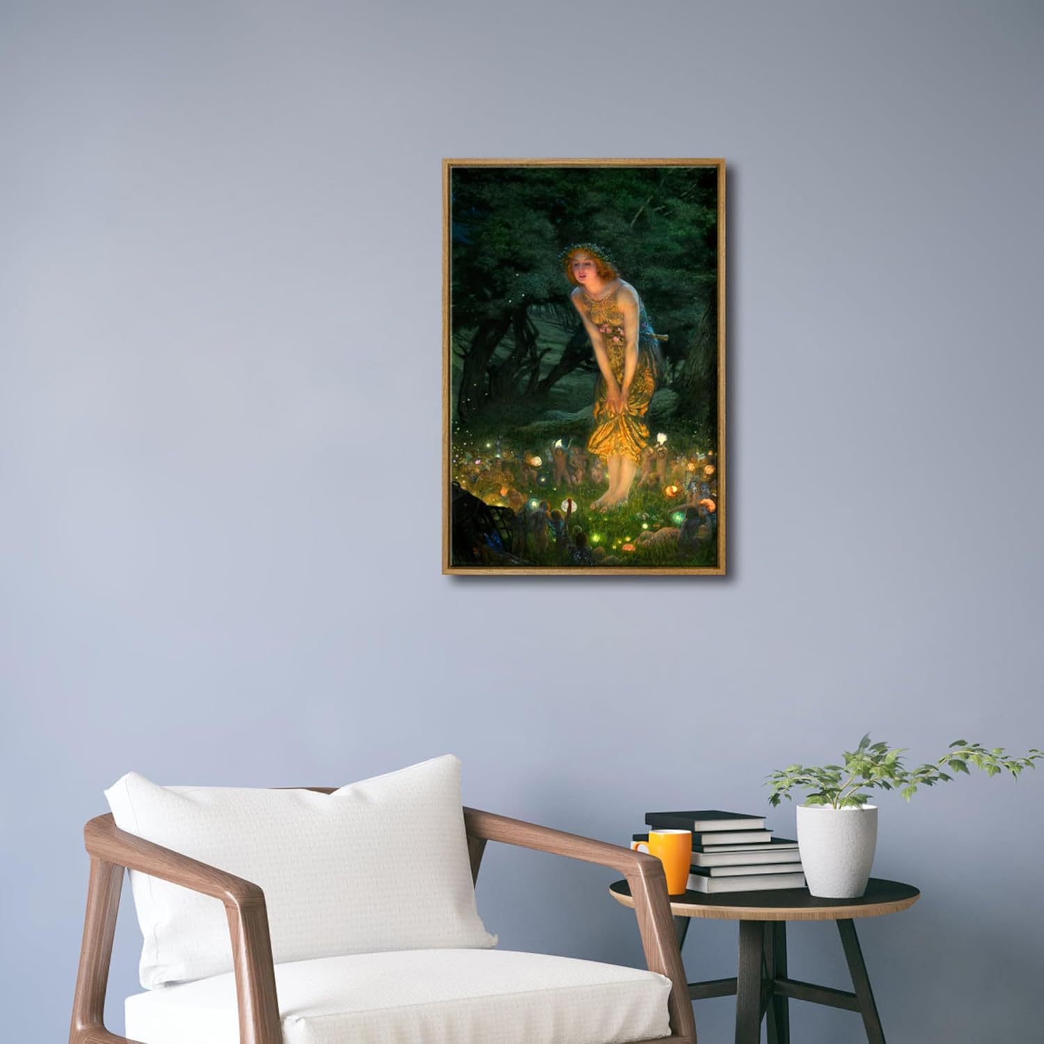 Wieco Art Framed Canvas Wall Art Fairy Tale Midsummer Eve with A Girl and Elves by Edward Robert Hughe Neoclassical Art Nouveau Print Picture for Living Room Home Decorations