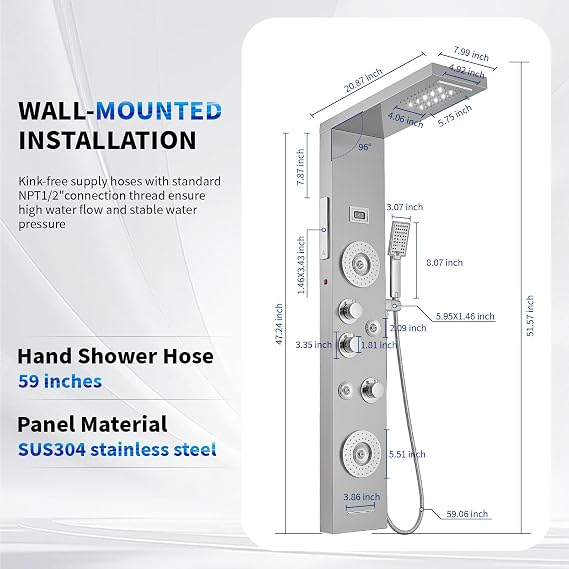 BWE 6 in 1 Shower Panel Tower System with Led Lights and Temperature Display Stainless Steel shower system with Rainfall, Waterfall, 2-Type Massage Jets, Handheld and Tub Spout, Brushed Nickel