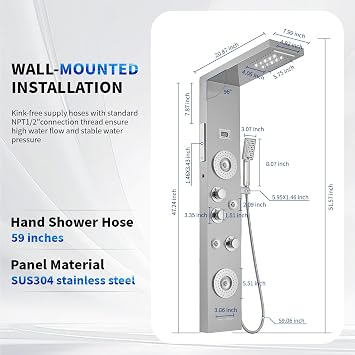 BWE 6 in 1 Shower Panel Tower System with Led Lights and Temperature Display Stainless Steel shower system with Rainfall, Waterfall, 2-Type Massage Jets, Handheld and Tub Spout, Brushed Nickel