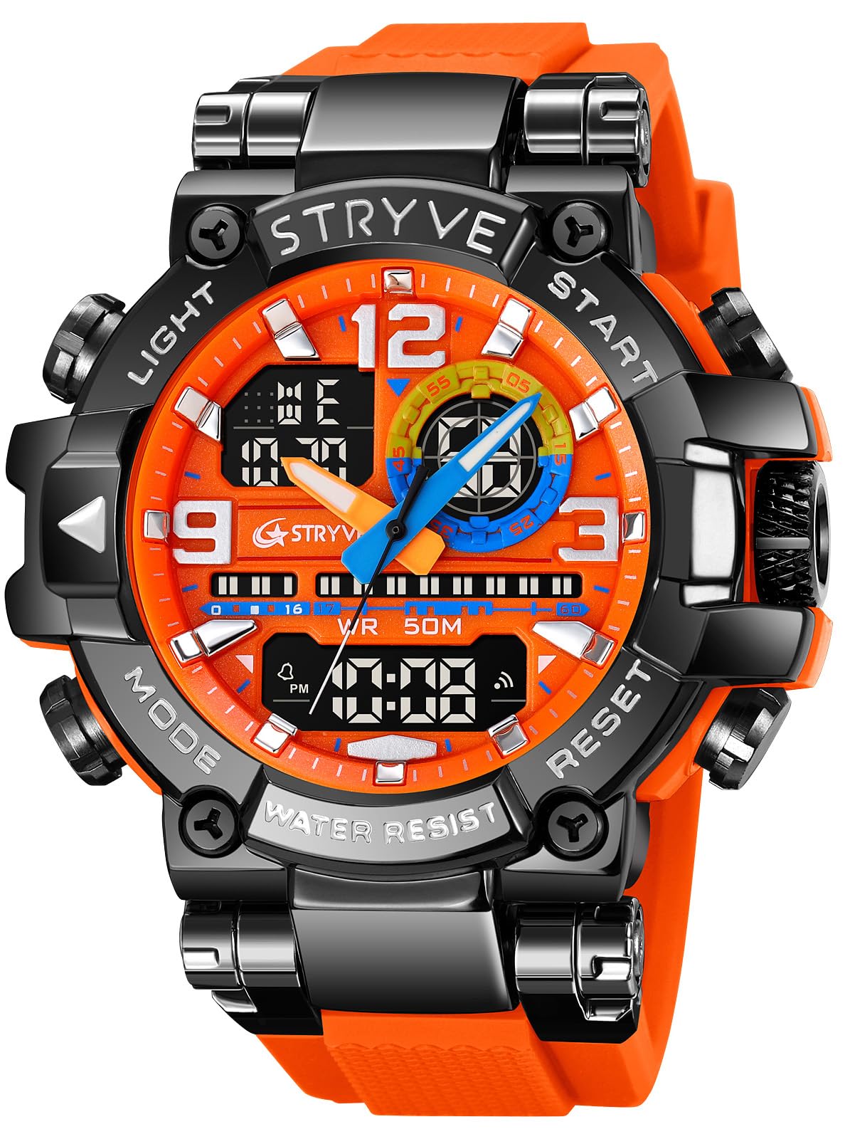 MASTOP Montre de sport colorée pour homme - Grand cadran - 55 mm - Étanche jusqu'à 50 m - Étanche jusqu'à 50 m - Style militaire - Affichage de la date - Alarme LED - Robuste - Pour l'entraînement, la