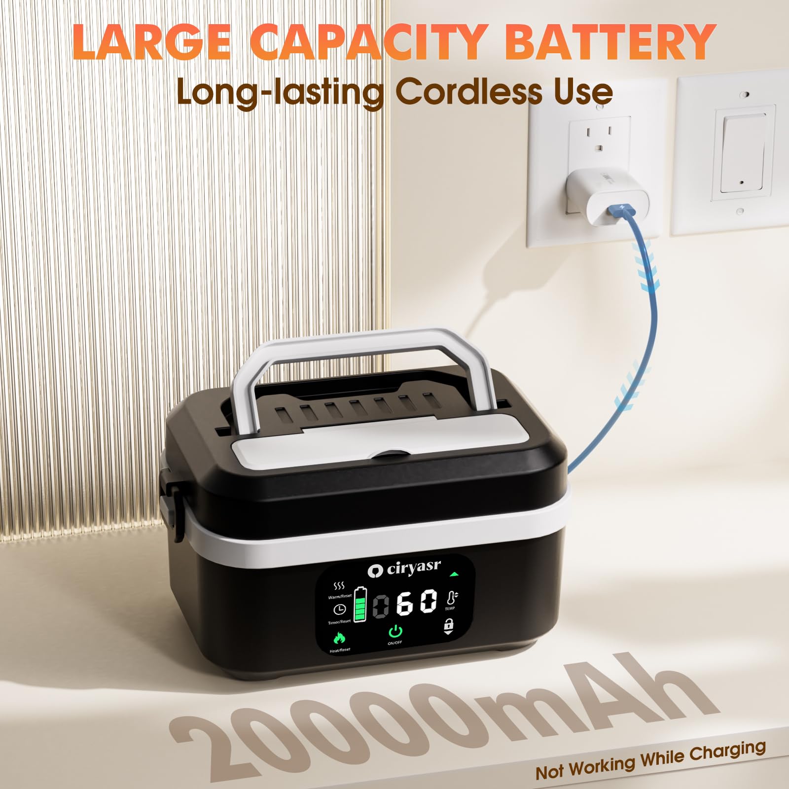 Fiambrera Eléctrica Inalámbrica, Taper Electrico para Comida con Calentamiento Programado, Lunch Box Adultos de 1,35 L, Calentador Portátil con Bolsa Isotérmica, Apto para uso en exteriores