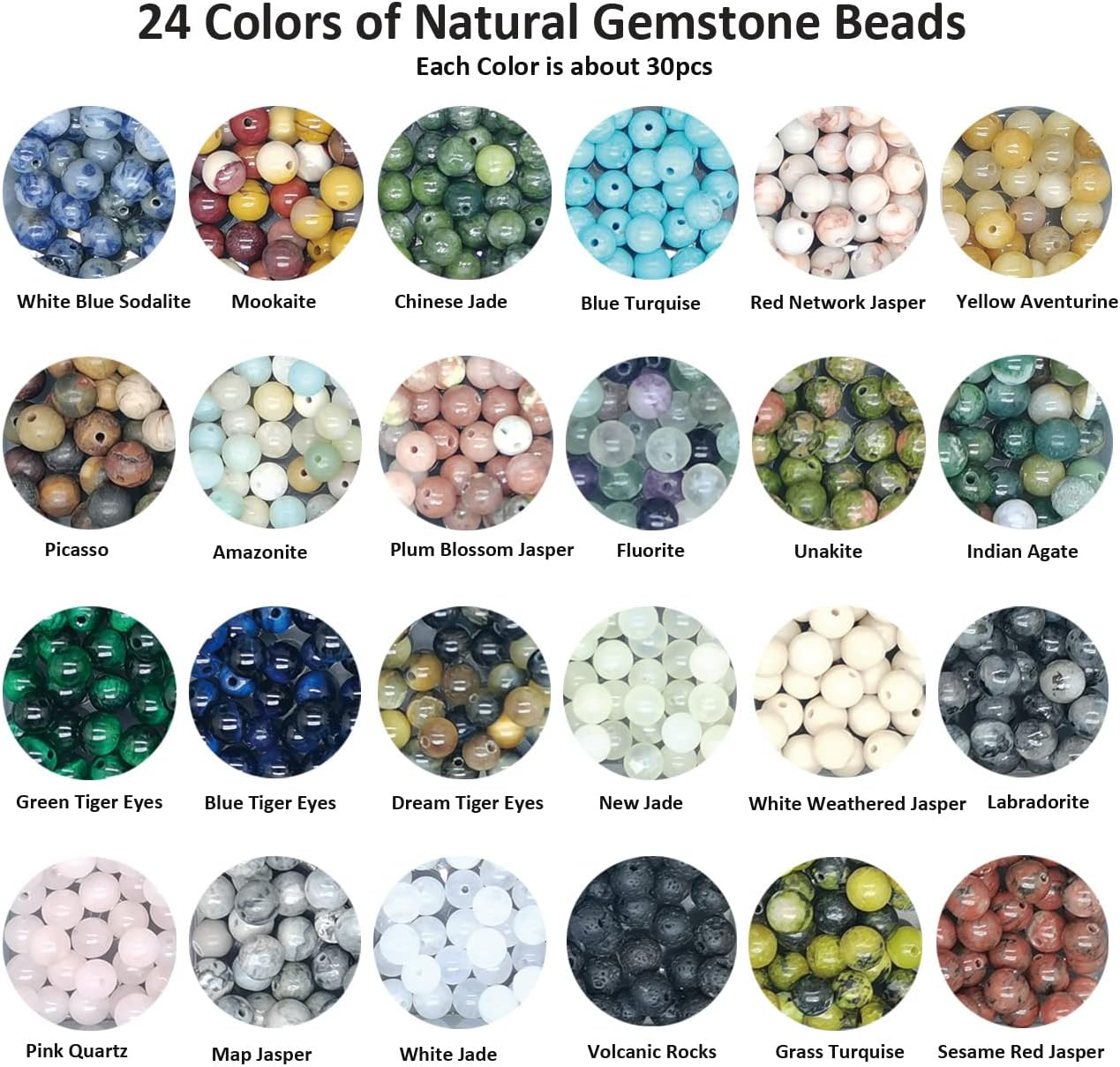Maonewque 720pcs 6mm Natural Round Stone Beads Gemstone Beading Hole Size 1mm Crystal Energy Stone Healing for Bracelet Necklace Earrings Jewelry Making(24 Colors-2,6mm)