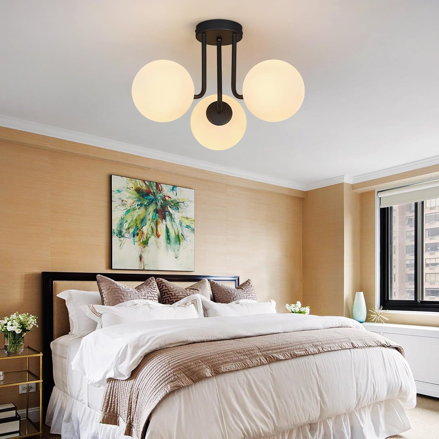 3-Light Modern Black Ceiling Light with Globe White Glass Shade Farmhouse Semi Flush Mount Ceiling Light Sputnik Chandeliers for Bedroom Living Room Dinning Room Foyer Hallway
