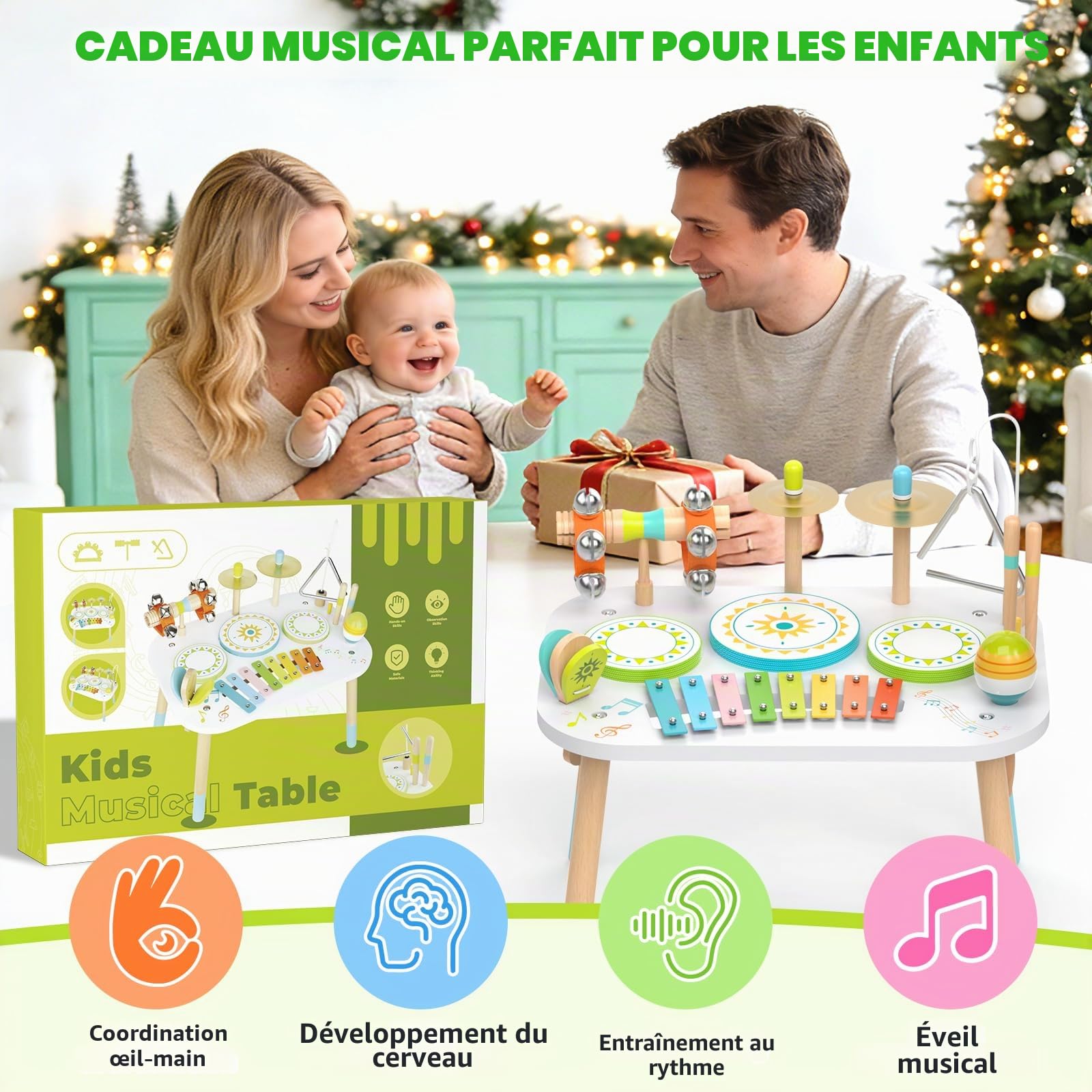 Batterie Enfant 12 en 1, Jouet Musical Montessori en Bois dès 1 an | Table musicale avec xylophone, bongos, cymbale, maracas et cloches ; cadeau d’anniversaire pour fille et garçon de 1 à 3 ans