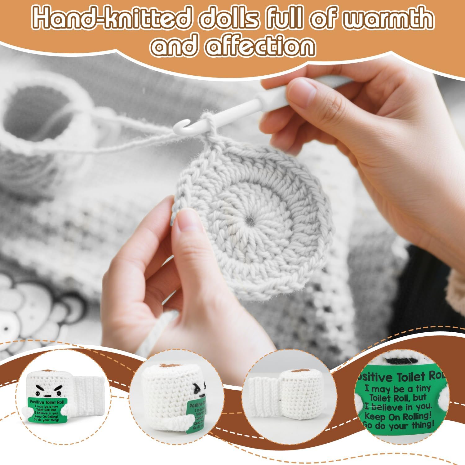 Positive Toilet Roll,Handmade Positive Toilet Roll Plush,Emotional Support Crochet Gift with Card for Women Men