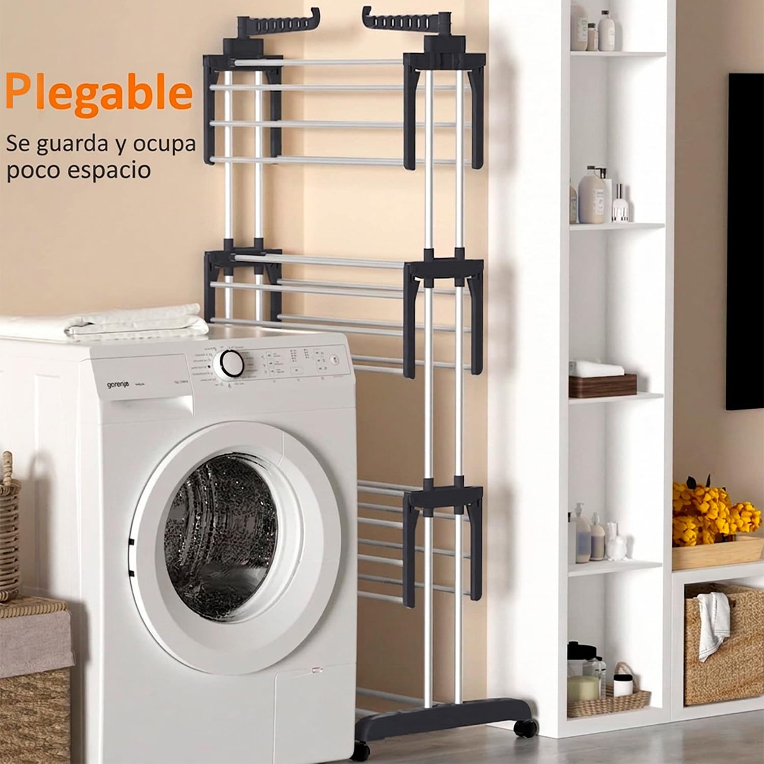 Tendedero de Ropa Plegable con Ruedas, 4 Niveles, Perchero con Ganchos Giratorios 360°, Gran Capacidad de Secado, Estante Multifuncional para Interior y Exterior (Negro+Blanco) - 4