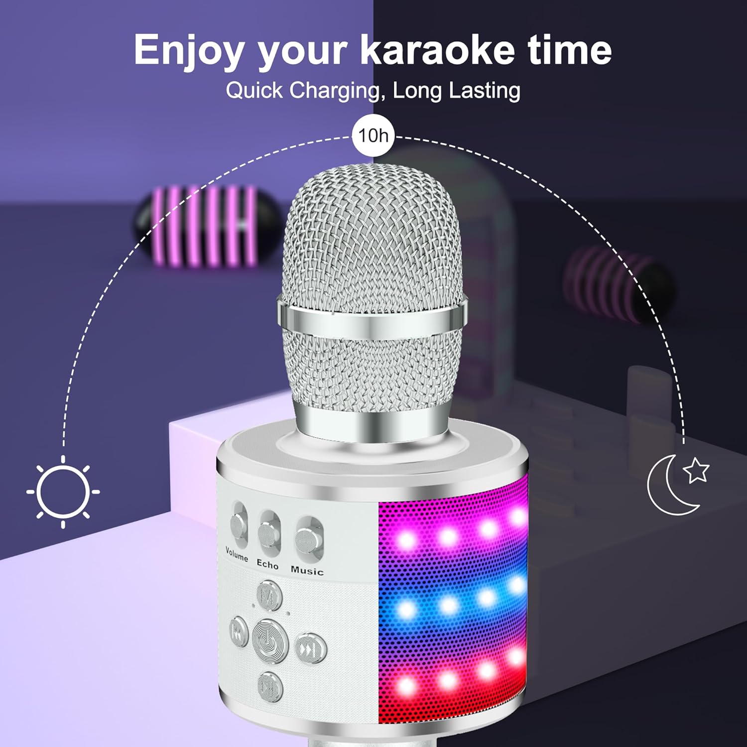 BONAOK Karaoke Microphone for Kids & Adults - Bluetooth Microphones Singing Mic with Disco Lights, Echo Effect, Built-in Speaker Portable Karaoke Player for Party Travel Gifts Q78(Silver) - Image 4