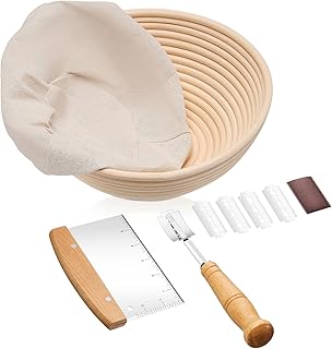 HaWare Natural Rattan Bread Proofing Basket, 10inch Round Sourdough Proving Basket with Liner, Bread Lame, Dough Scrape, 25x8.5cm, Healthy & Non-Toxic
