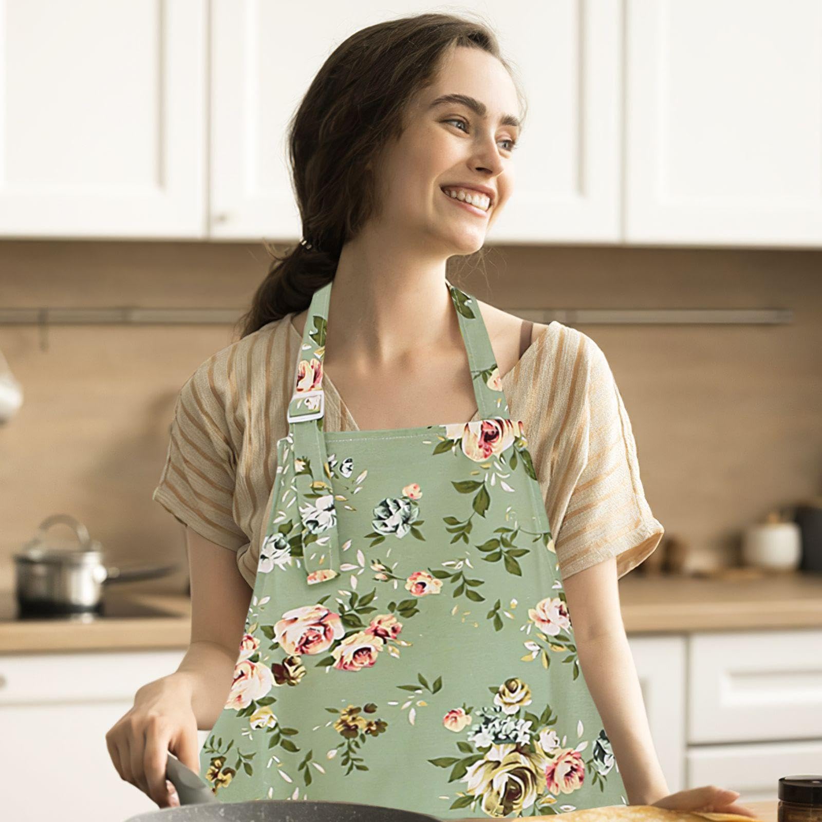 Tablier Fleuri Avec Grande Poche Pour Femme - Tablier De Cuisine Ajustable Imperméable Motif Floral Cadeau Idéal