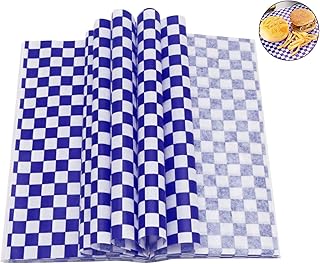 Deli Paper, 100 Sheets Food Grade Wrap Papers Greaseproof Paper Baking Wrapping Paper Sandwich Wax Paper Blue Checkered Food Basket Liners for Breads French Fries Pizza Hot Dogs