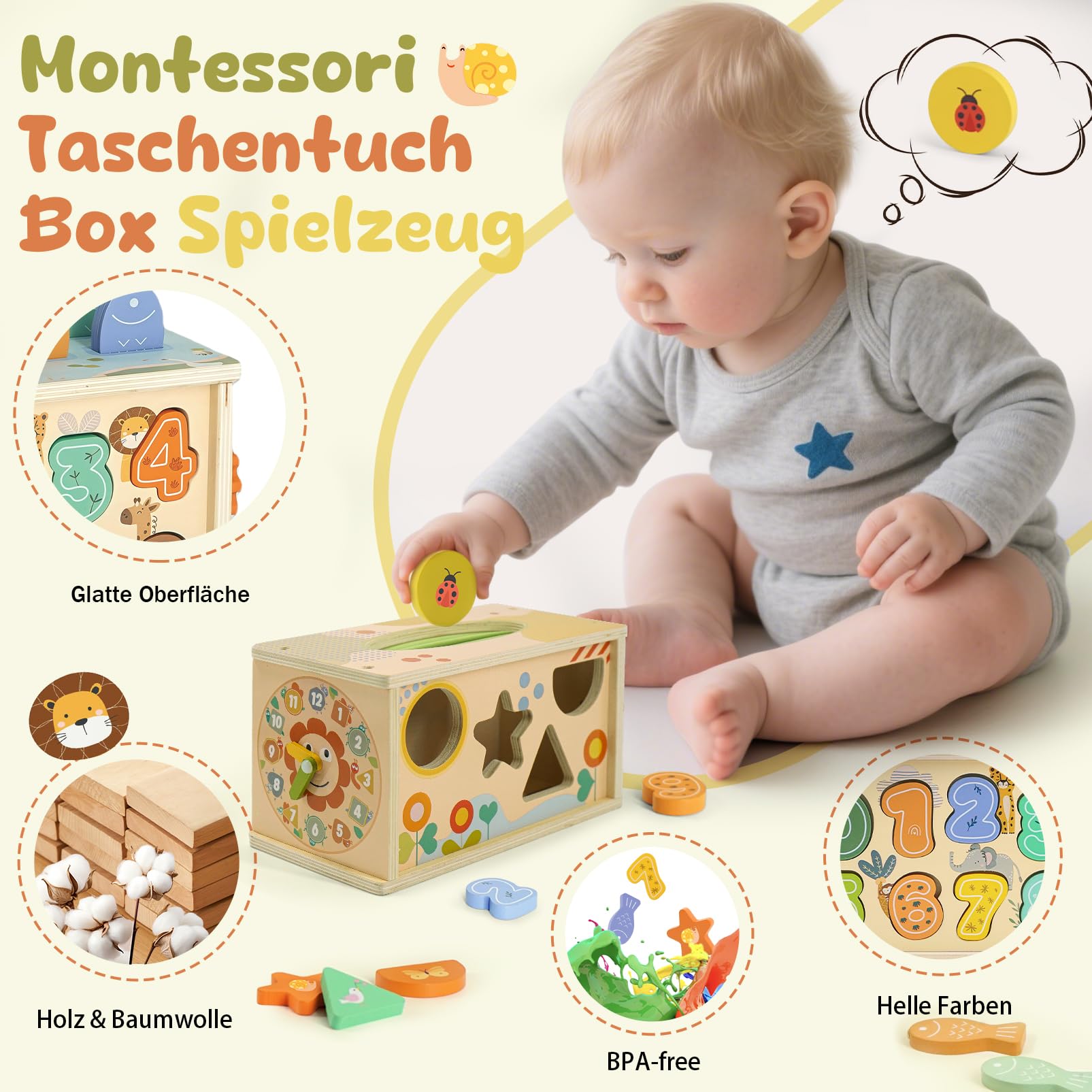 Almaxi Giochi Montessori 1 Anno, 6 in 1 Scatola dei Fazzoletti Montessori in Legno con Ingranaggi, Giochi di Pesca e Forme da Ordinare, Giocattolo Educativo per Sviluppo Motricità Fine Bambini 1 2 3