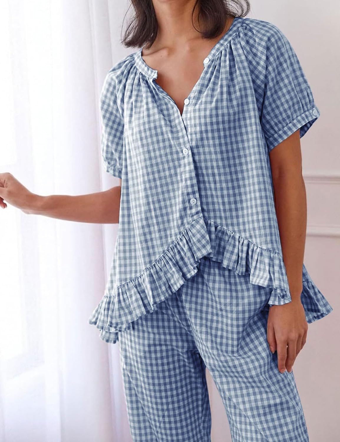 Flygo Womens Plaid 2 Piece Pajamas Sets Gingham Button Down Puff Sleeve Babydoll Shirt Ruffle Pants Y2K Pjs Lounge Set - Image 4