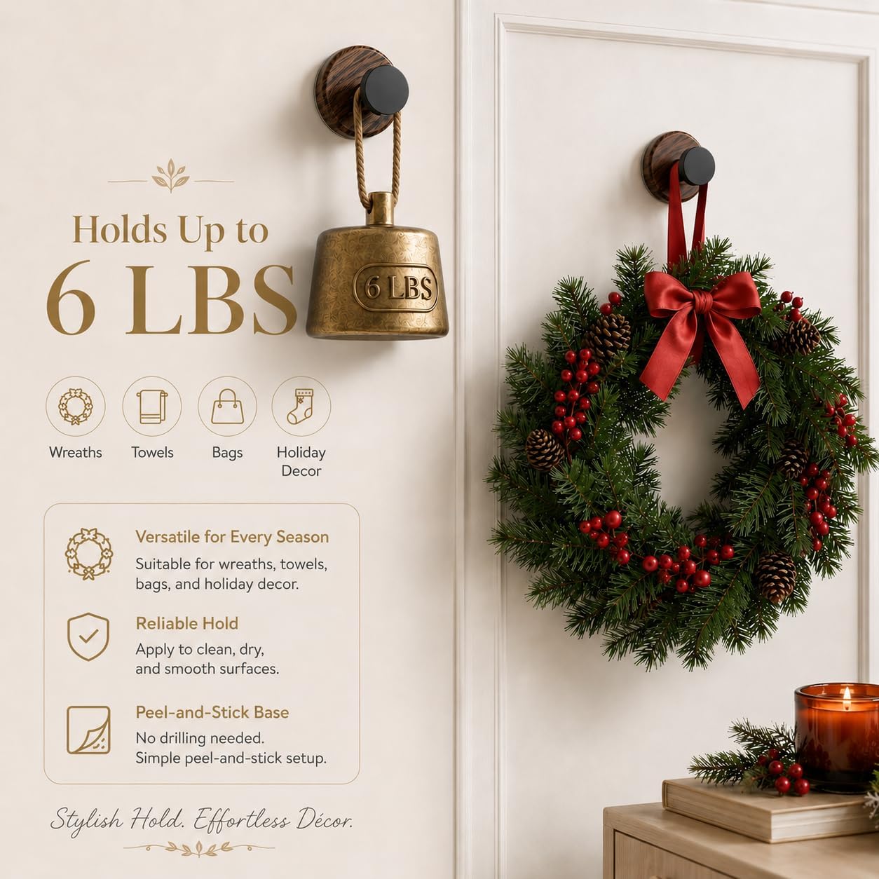 3 Pack Wreath Hangers for Front Door, Walnut Color Plastic Adhesive Hooks for Christmas, Fall, Spring Wreaths, Holiday Decor, Towels and Bags, Peel and Stick Hooks for Glass Tile Metal