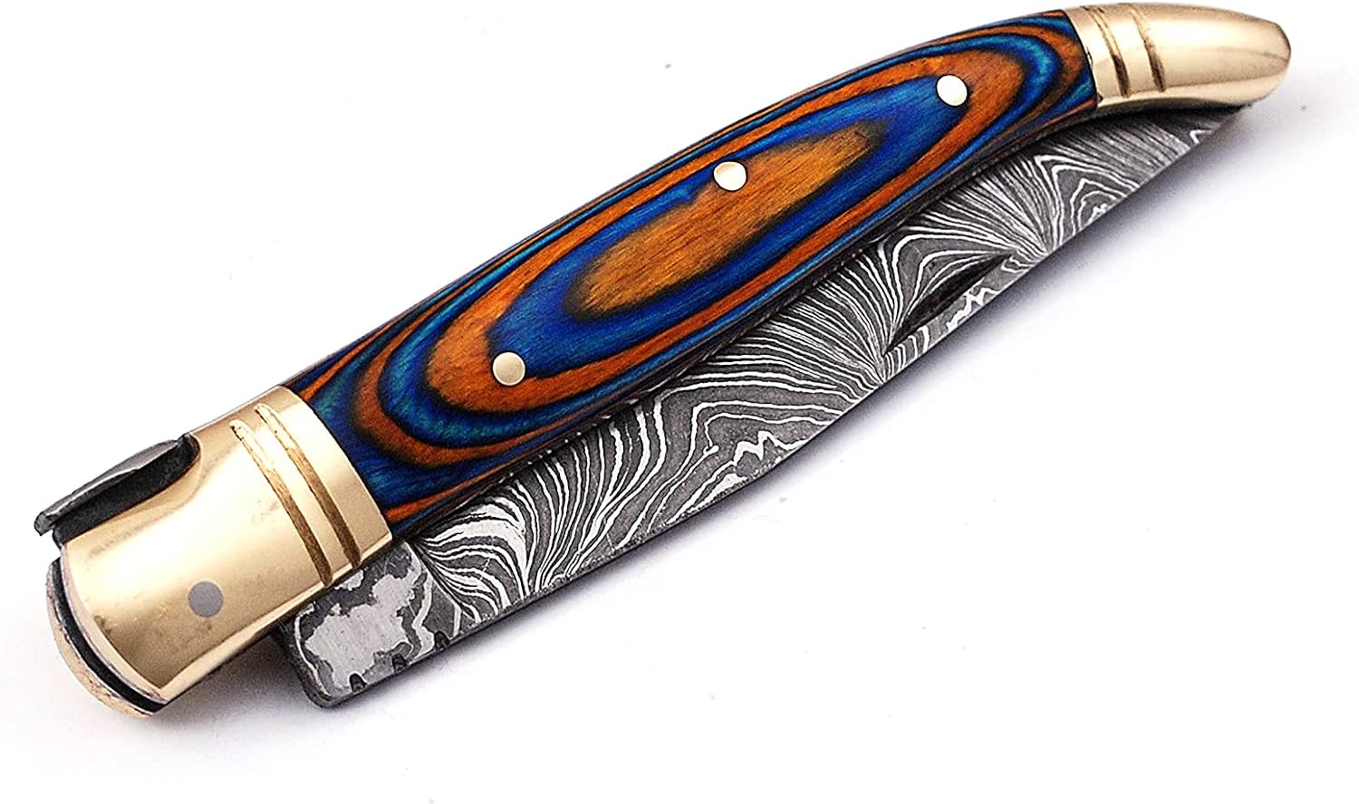 Damascus Steel Folding Laguiole Pocket Knife, 8.5 Inches Long, 4 Inches Blade, Blue Wood Scale, Brass Bolster, Leather Sheath (Grey)