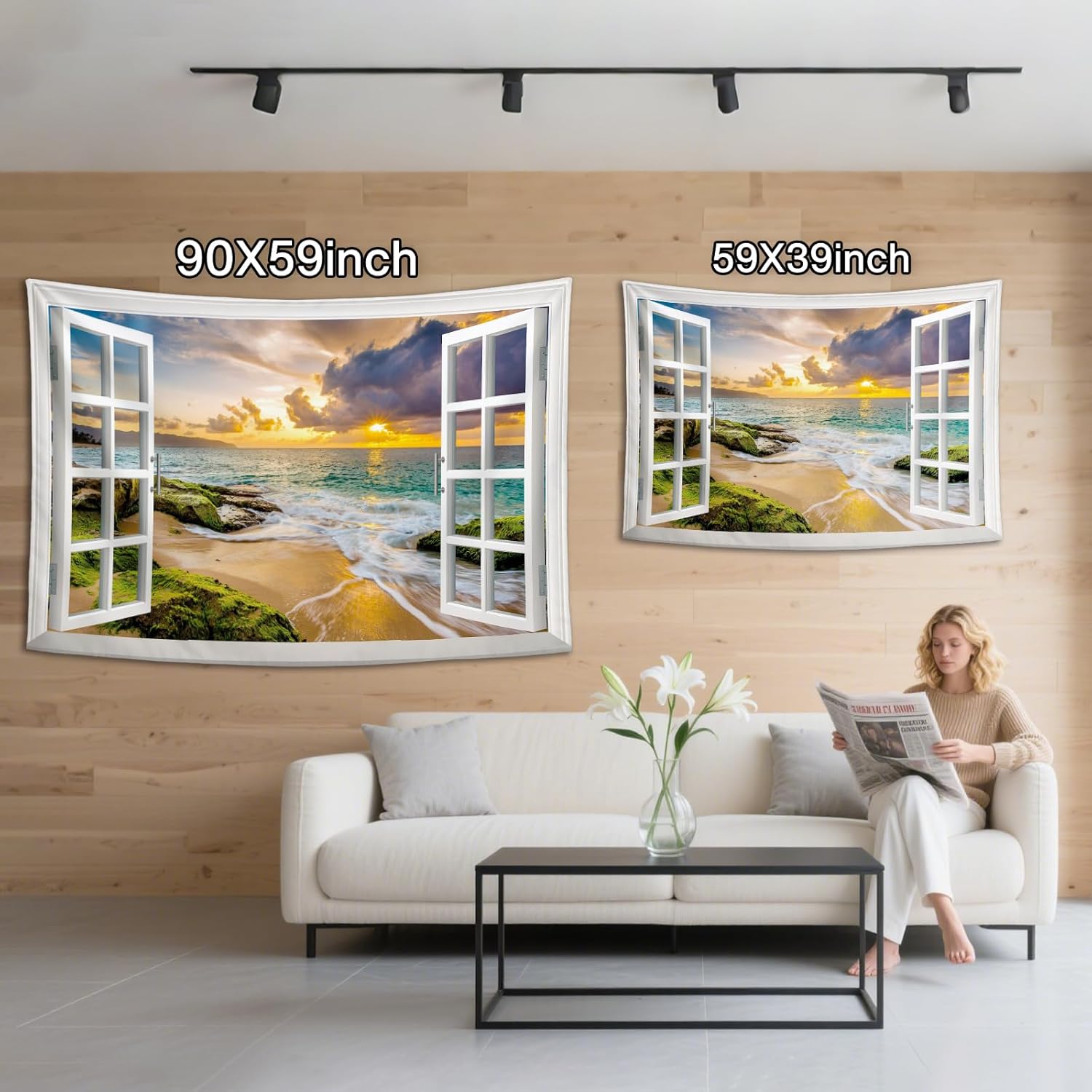 Window View Tapestry Beach Sunset Light & Shadow Blend | Creativity Aesthetic Natural Scenery Wall Hanging for Bedroom, Living Room & Dorm Decor | Premium Lightweight Polyester 90x59inch