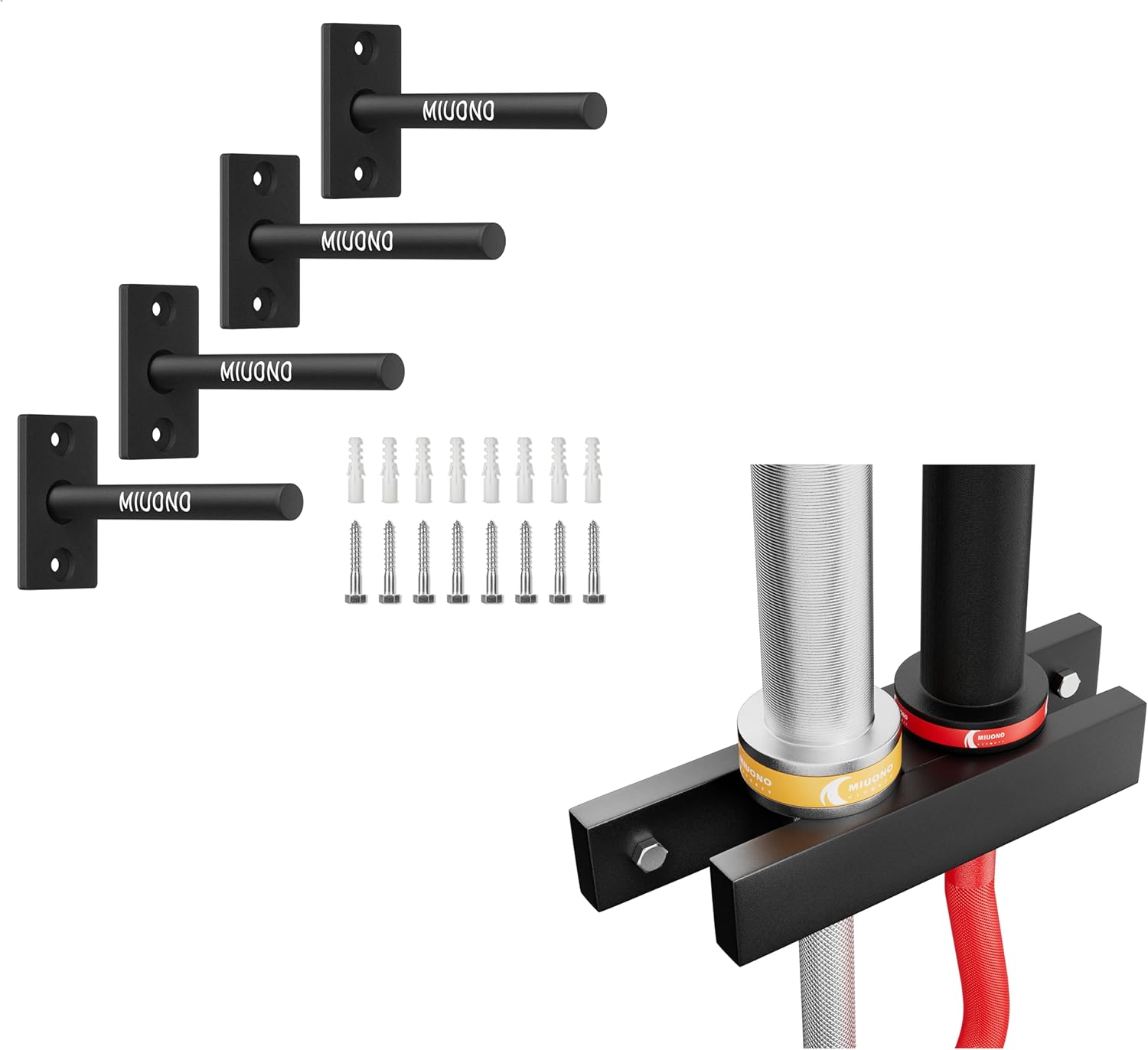 Weight Plate Holder, Wall Mounted Weight Plate Rack for 1" Olympic Plates 4 Pack and Barbell Hanger Bundle