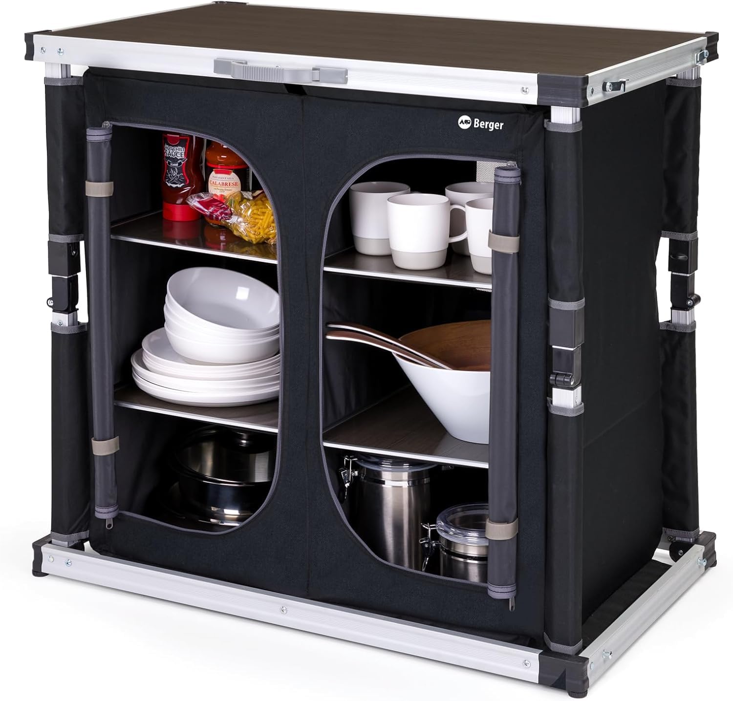 BERGER Tampere L Campingküche │ Campingschrank faltbar mit Staufächern inkl. Tragetasche │ Outdoor Camping Küche Camping Küchenschrank faltbar mit Aluminiumgestell Campingschrank Küche (L)