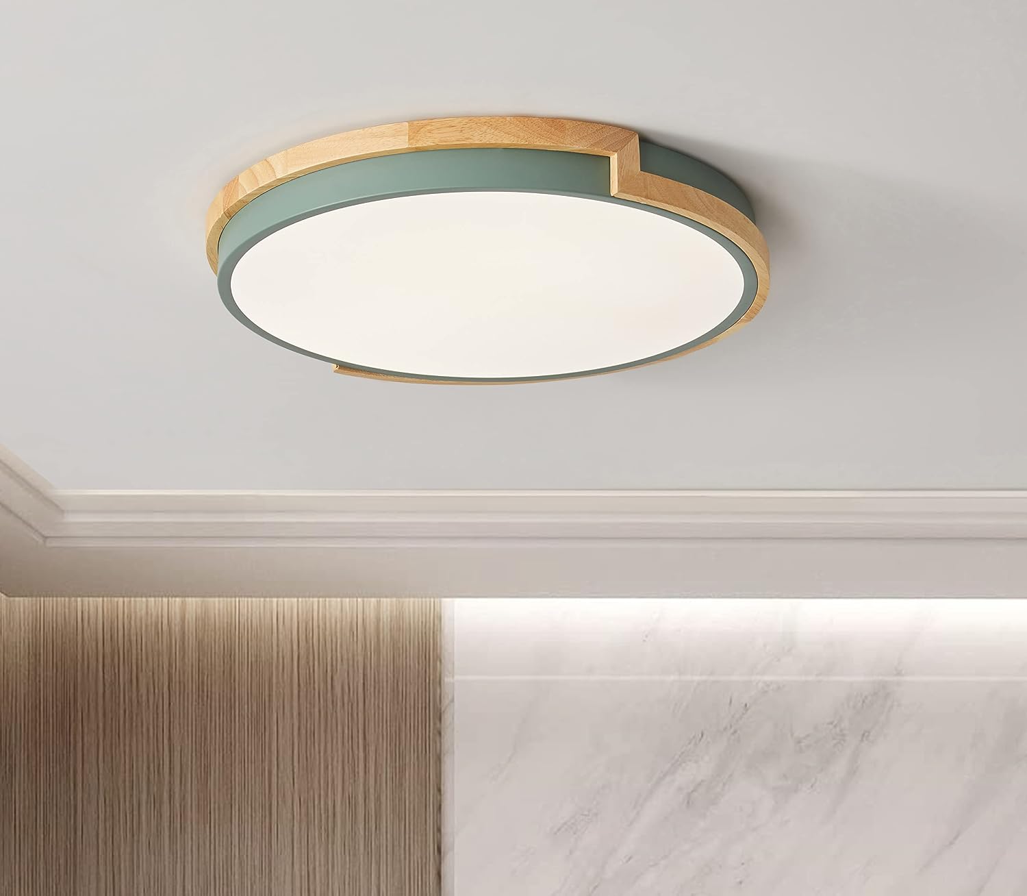 Flush Mount Ceiling Light Modern Round LED Ceiling Light Fixture Wood Close to Ceiling Lamp Green for Bedroom Living Room Entryway