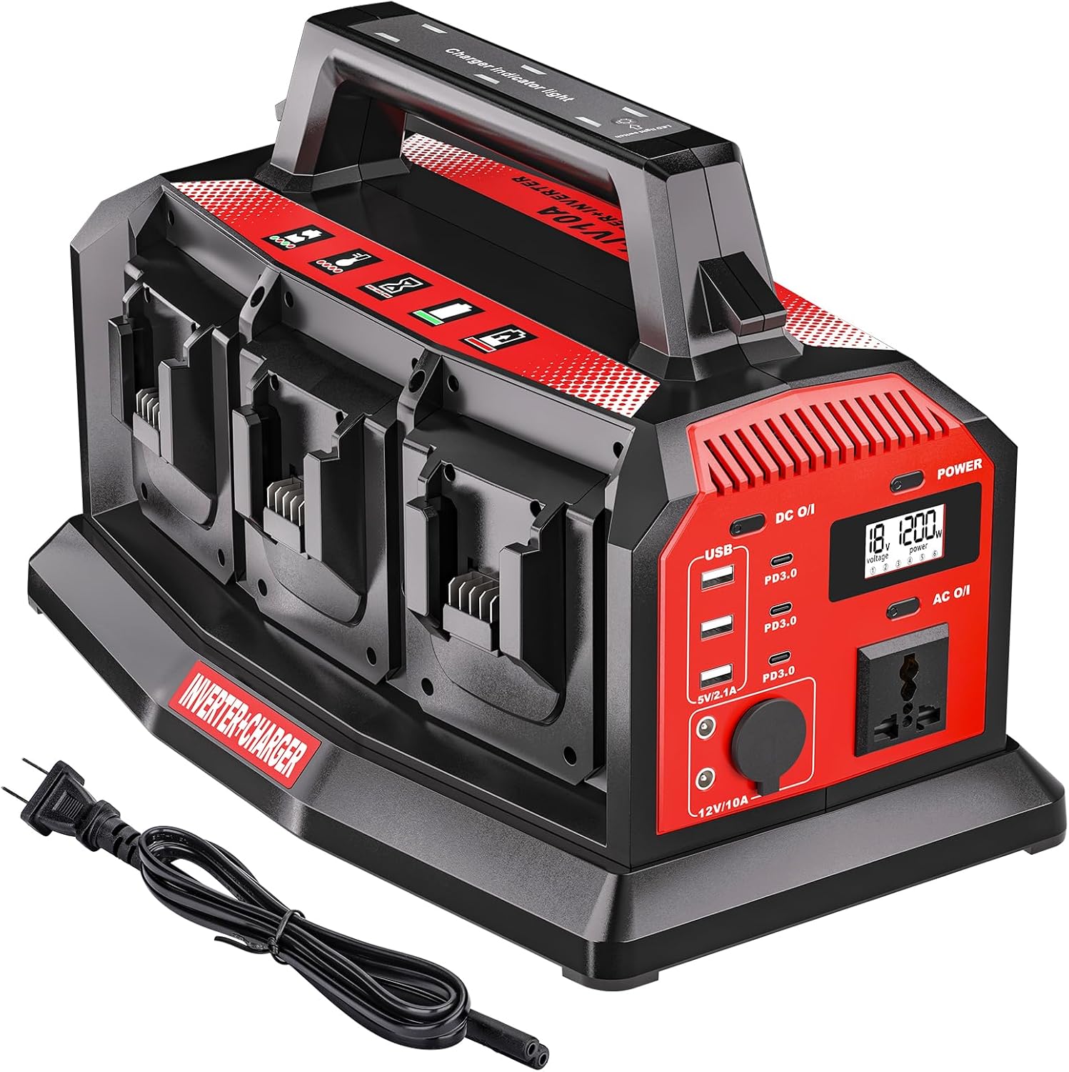 1200W Energy Inverter & 6A Speedy Charger for Milwaukee M18 18V Battery – 6-Port DC to AC 120V Converter, 3 USB-A + 3 USB-C, LED Gentle for Tenting, Journey, Emergencies(Battery not included)