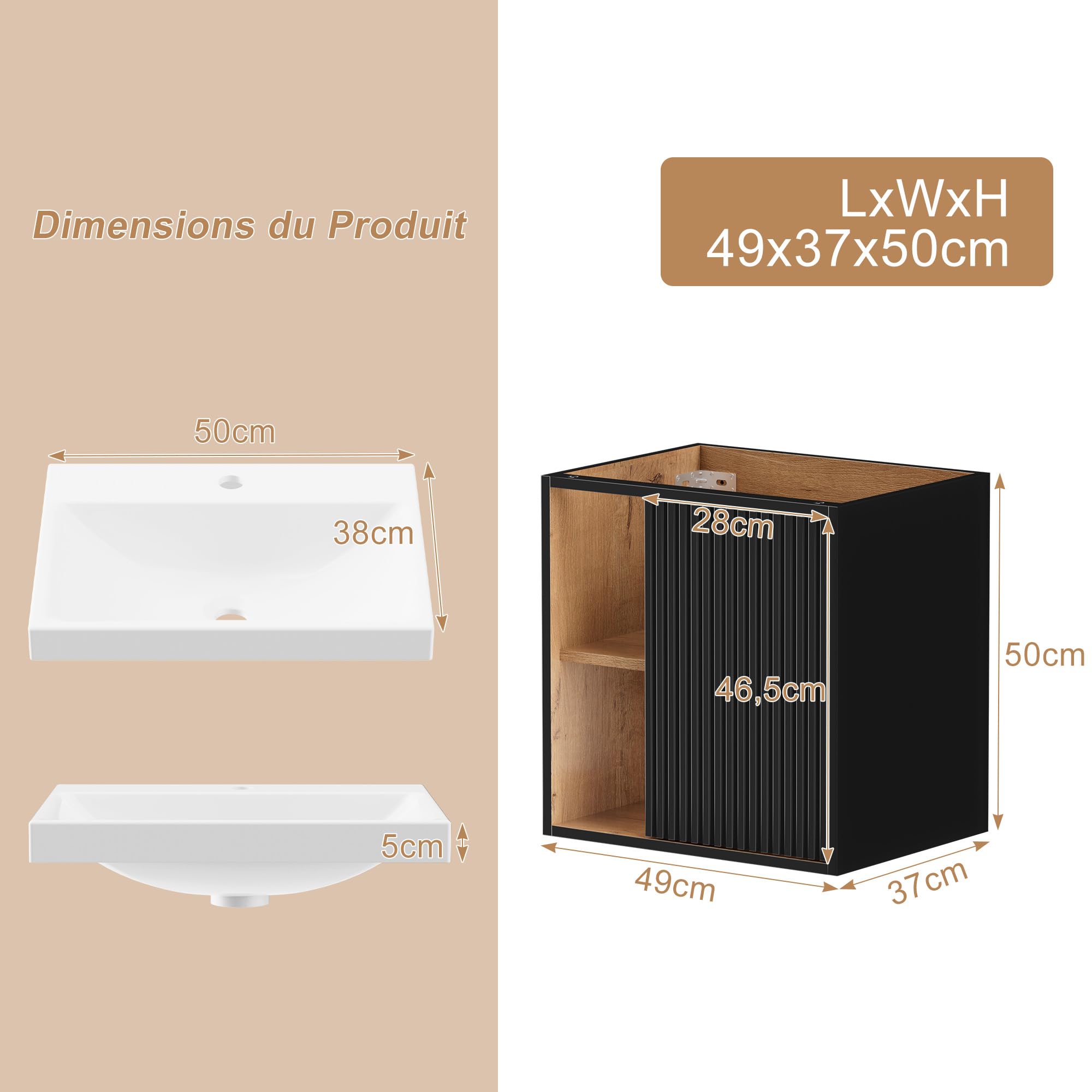 UEV Meuble Lave-Mains Suspendu avec Lavabo en Résine - Meuble de Salle de Bain Mural Gain de Place - Design Moderne à Lignes Verticales et Poignées Métalliques - Rangement Caché, 50x38x55cm, Noir