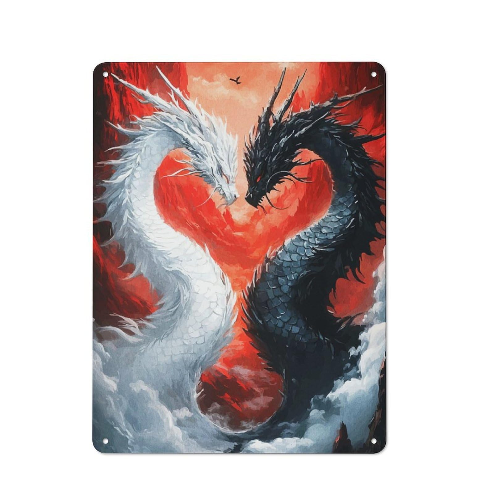 Junmoney Style-24 Retro Metal Wall Sign 40X30cm Featuring Yin Yang Dragons For Pub Or Café, For Garage, Workshop And Man Cave Decoration