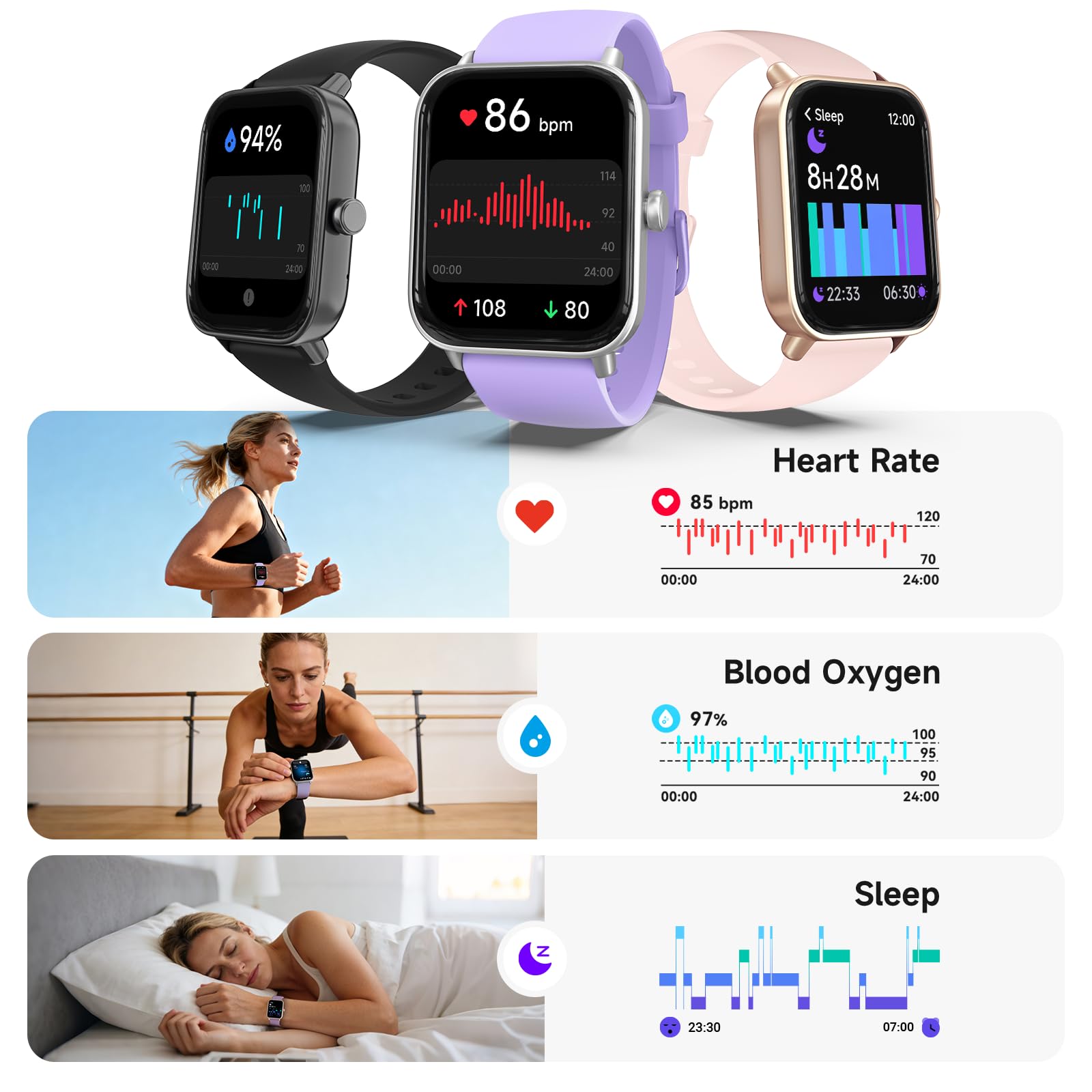 Montre Connectée Homme Femme avec Appel Bluetooth 1.8" Smartwatch Assistant Intégré Sommeil Sport avec 110+ Modes Sportifs Tracker d'Activité Etanche IP68 Montre Intelligente pour Android iOS (Violet)