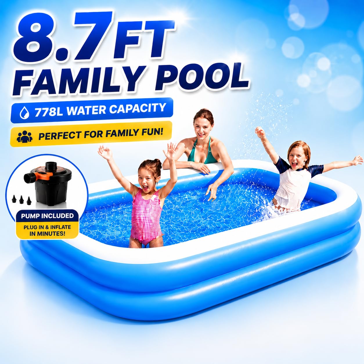 NHR Family Swimming Pool with Electric Air Pump, 10Ft Large Inflatable Pool for Kids and Adults, Heavy Duty PVC Outdoor Garden Pool, Portable Foldable Backyard Swimming Pool (262x175x51 cm)-image-7