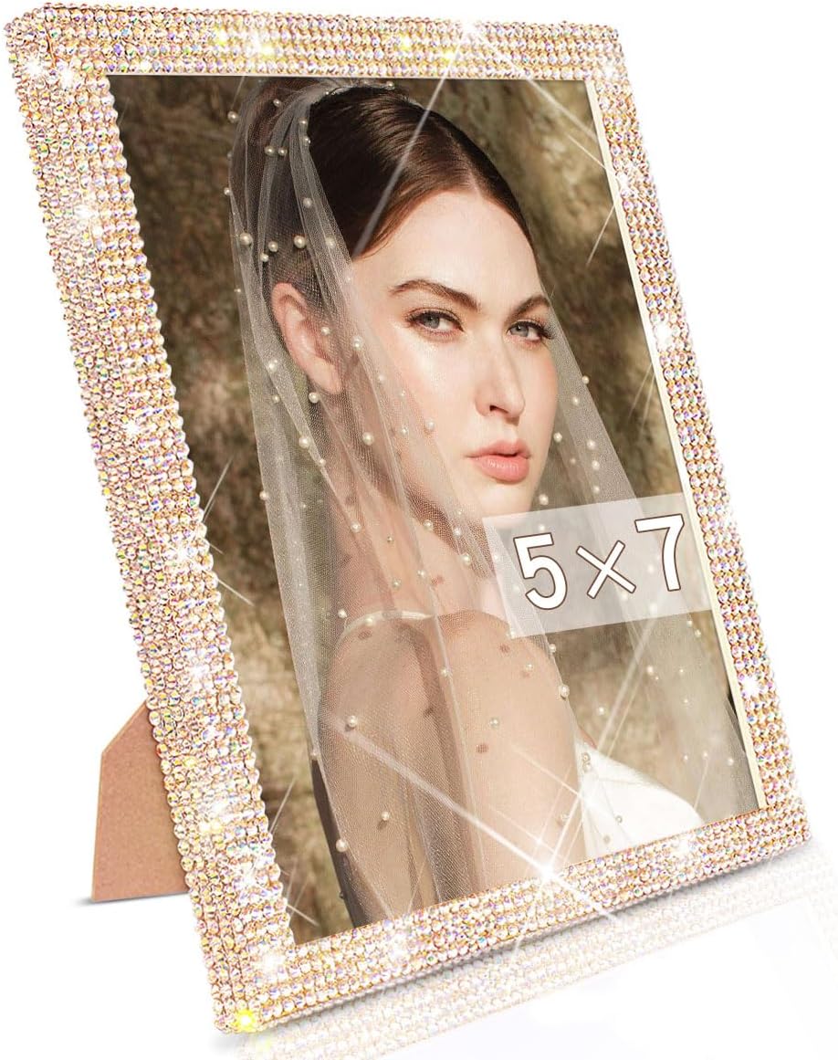 11x14 Bling Picture Frame, Display Pictures 8x10 with Mat or 11x14 Without Mat, Tabletop or Wall Mount Glitter Shiny Crystal Photo Frame With Sparkle Glass Rhinestones, Horizontally or Vertically(Golden)