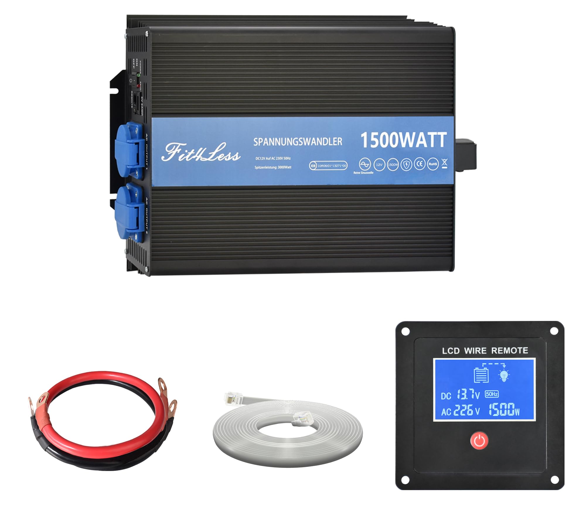 Reiner Sinuswelle Wechselrichter DC12V auf AC230W 50Hz mit Dual Schuko Buchsen, DC5V USB-Anschluss, LCD Draht Remote Kit für europäischen Markt (12V 1500W)