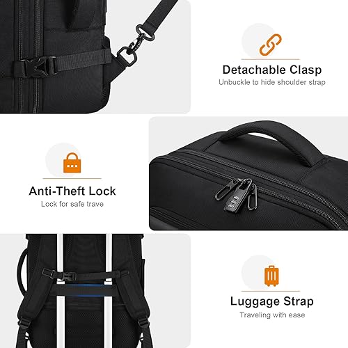 Miniatura 6 de Bagsure Mochila de viaje, equipaje de mano de 42L, mochila expandible aprobada por vuelo, mochila para laptop, Negro (mochila con 4 cubos de