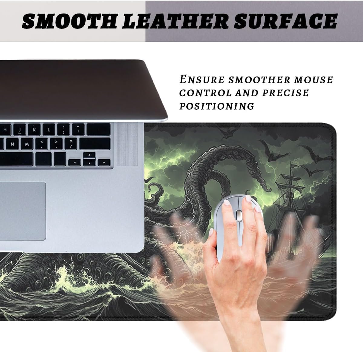 Cthulhu Gaming Mouse Pad, Myth Legend Ocean Tentacles Pirate Ship Extended Mousepad Waterproof Stitched Edges Rubber Base Non-Slip Deskmap Computer Keyboard Mat 31.5 x 11.8 inch image 3