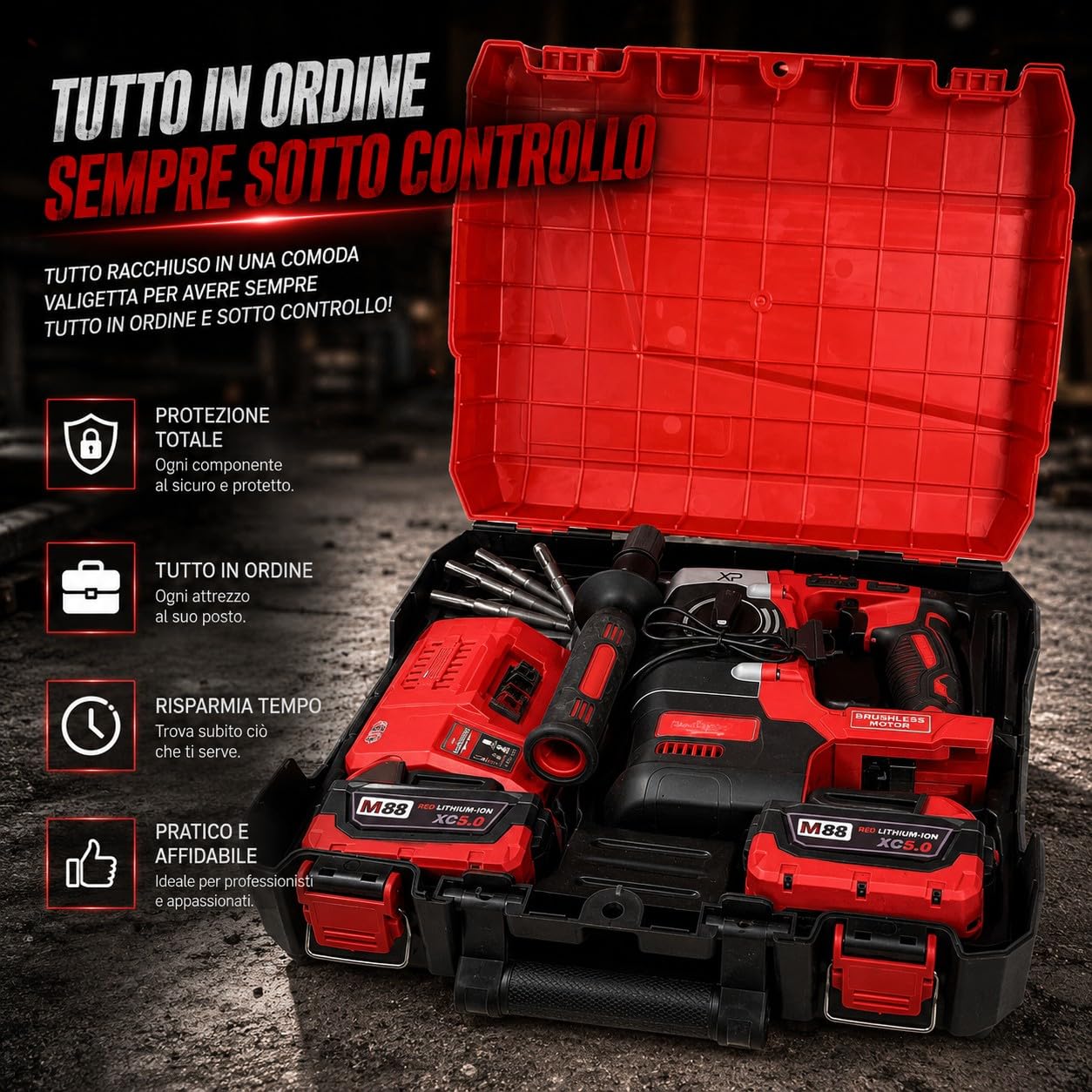 Trapano Tassellatore a Percussione SDS PLUS M88 con Motore Brushless 2 Batterie 5Ah 2.3J 0-1200 RPM 3200 BPM Luce LED Martello Perforatore