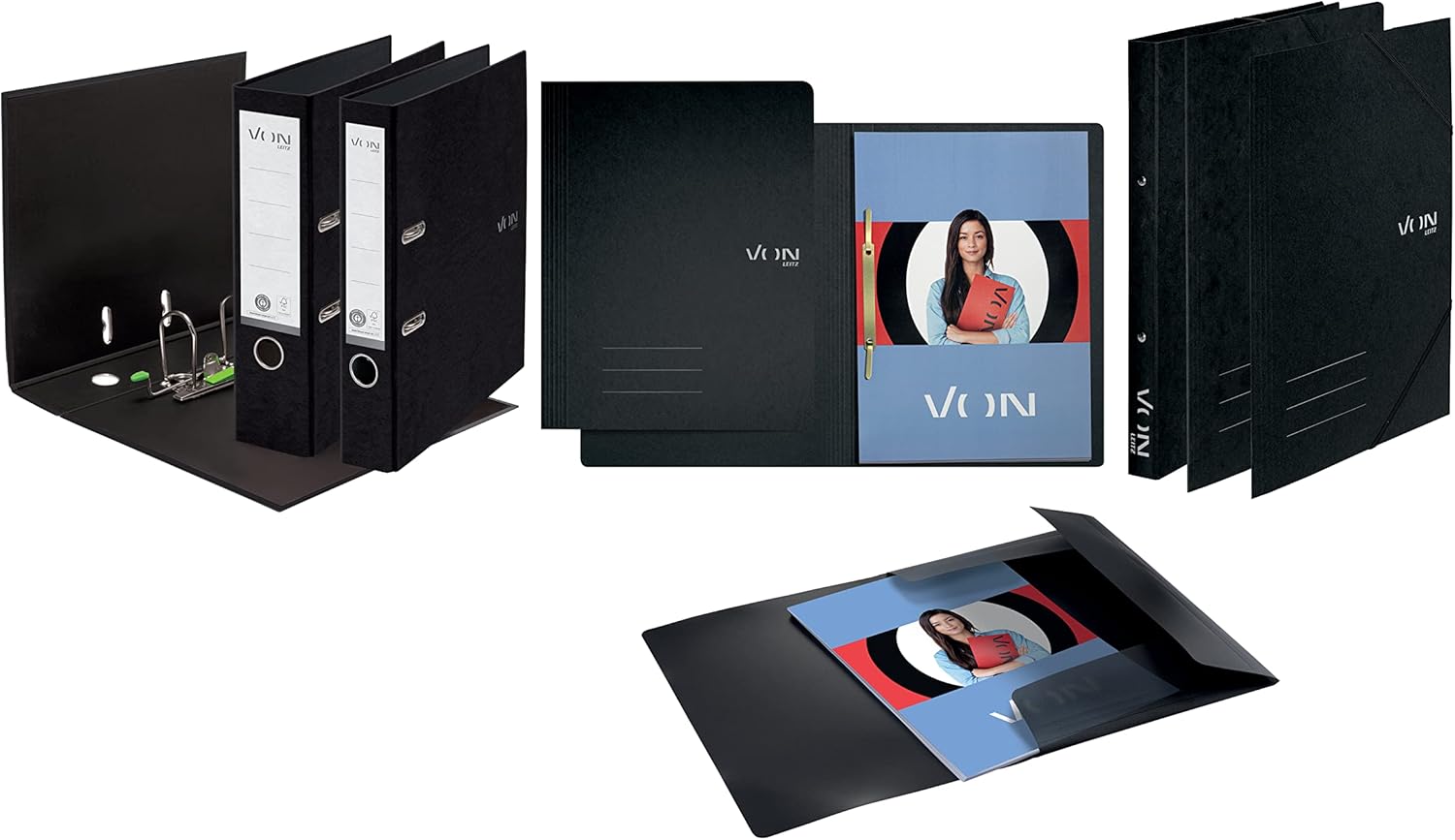 VON Leitz 30130095 File Folder A4 Cardboard with Filing Mechanism for 250 Sheets with Soft Cover for School, Study and Home, Pack of 5, Black