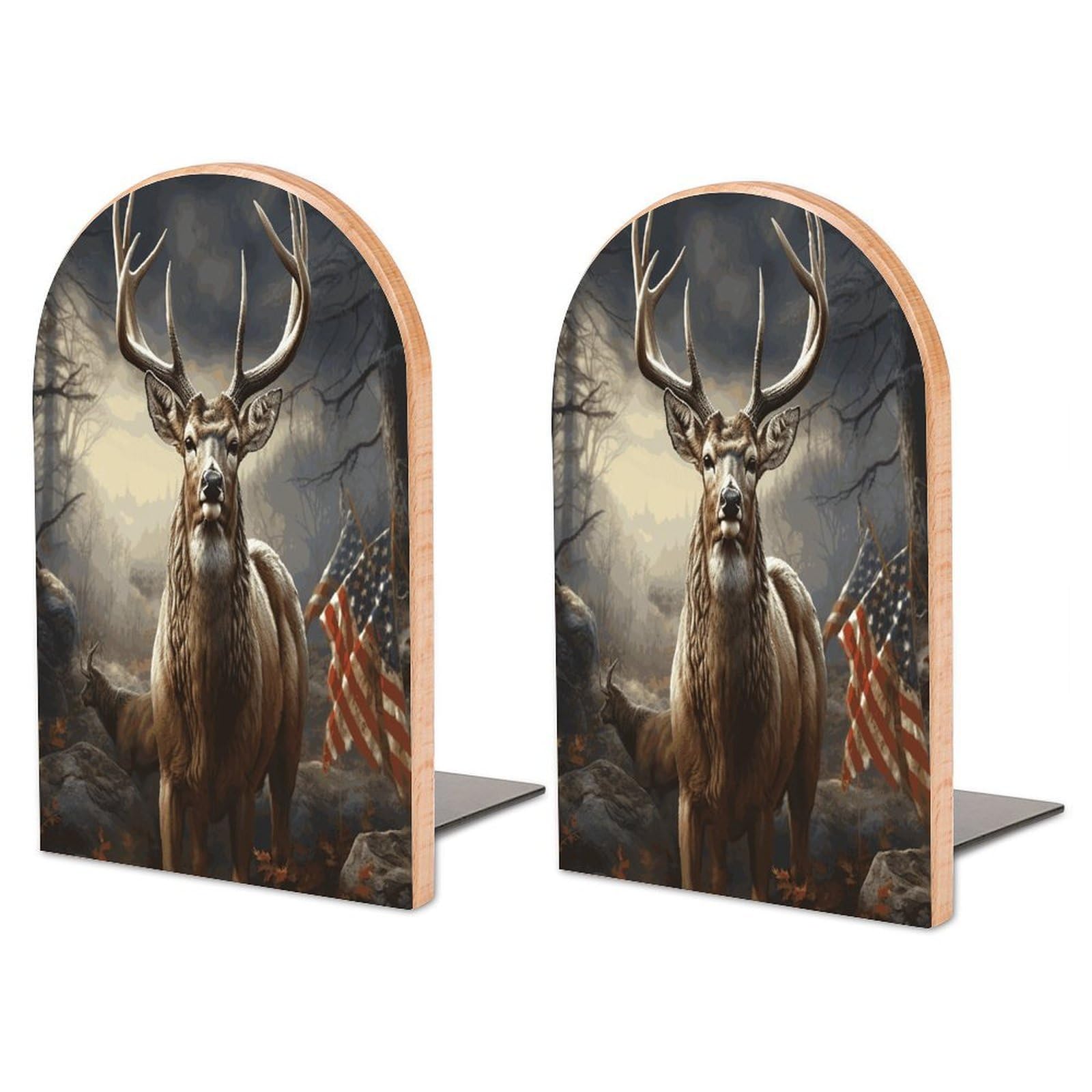 Deer Hunting Season Bookend for Shelves Wooden Book End Large Size Sturdy Book Holders Stoppers with Metal Base for Bookshelves Slick Decorative Bookends Stands