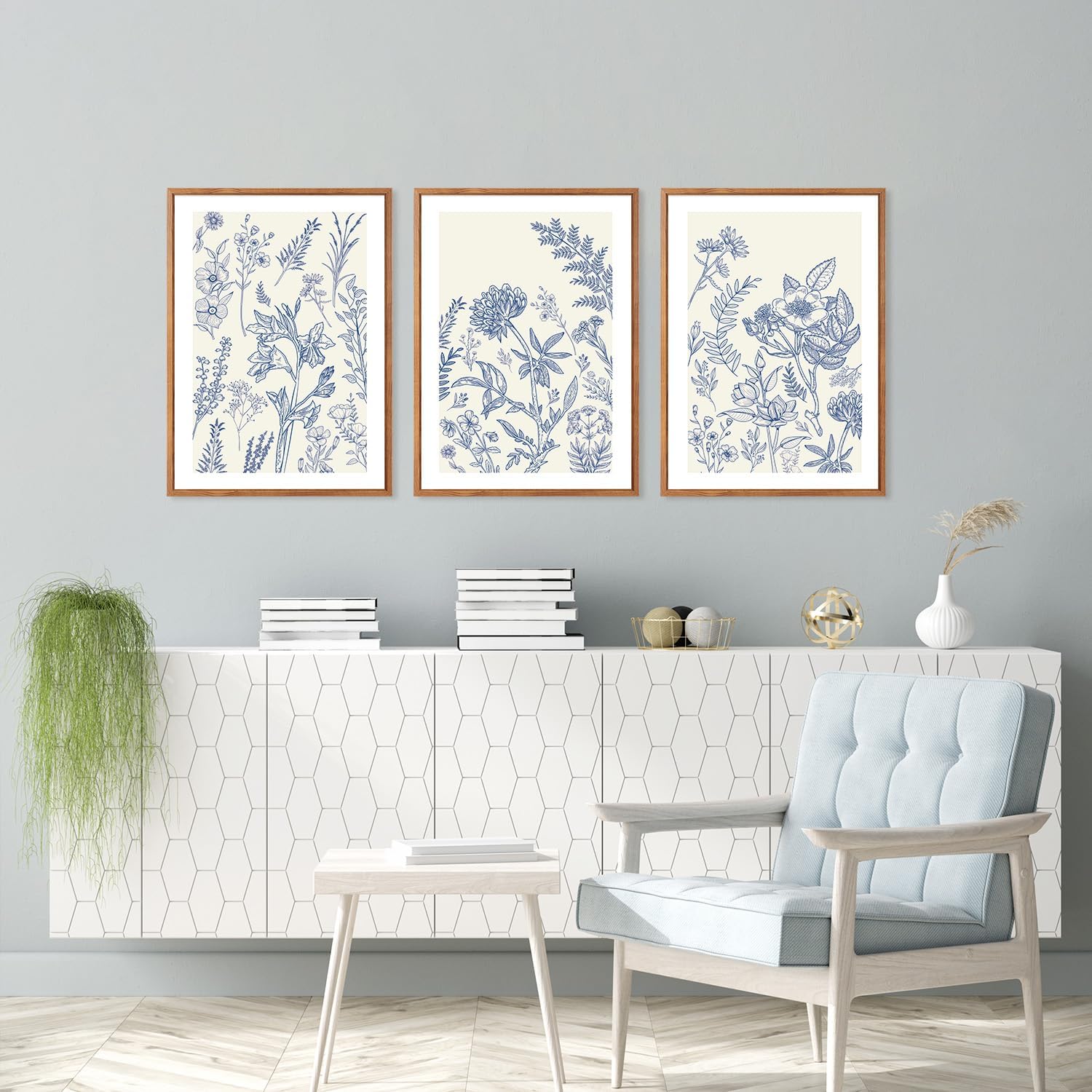 HPINUB Classic Chinoiserie Floral Framed Canvas Wall Art, (Set of 3,12X16 Inch) Watercolor Blue and White Botanical Flowers Wall Decor,Navy Blue Minimalist Wildflower Art Print for Living Room,Office