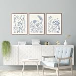 HPINUB Classic Chinoiserie Floral Framed Canvas Wall Art, (Set of 3,12X16 Inch) Watercolor Blue and White Botanical Flowers Wall Decor,Navy Blue Minimalist Wildflower Art Print for Living Room,Office