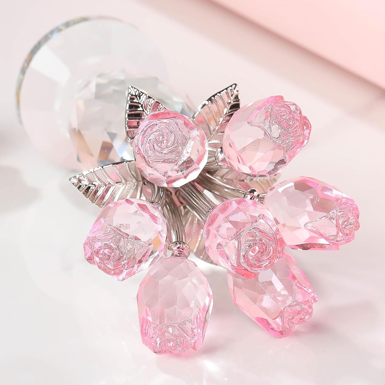 Movdyka Glass Rose Flower Pink Bouquet Crystal Figurines Home Decor | Romantic Gifts for Mom Wife Collectible Blown Glass Figurines Desk Ornaments Wedding Mothers Day Decor