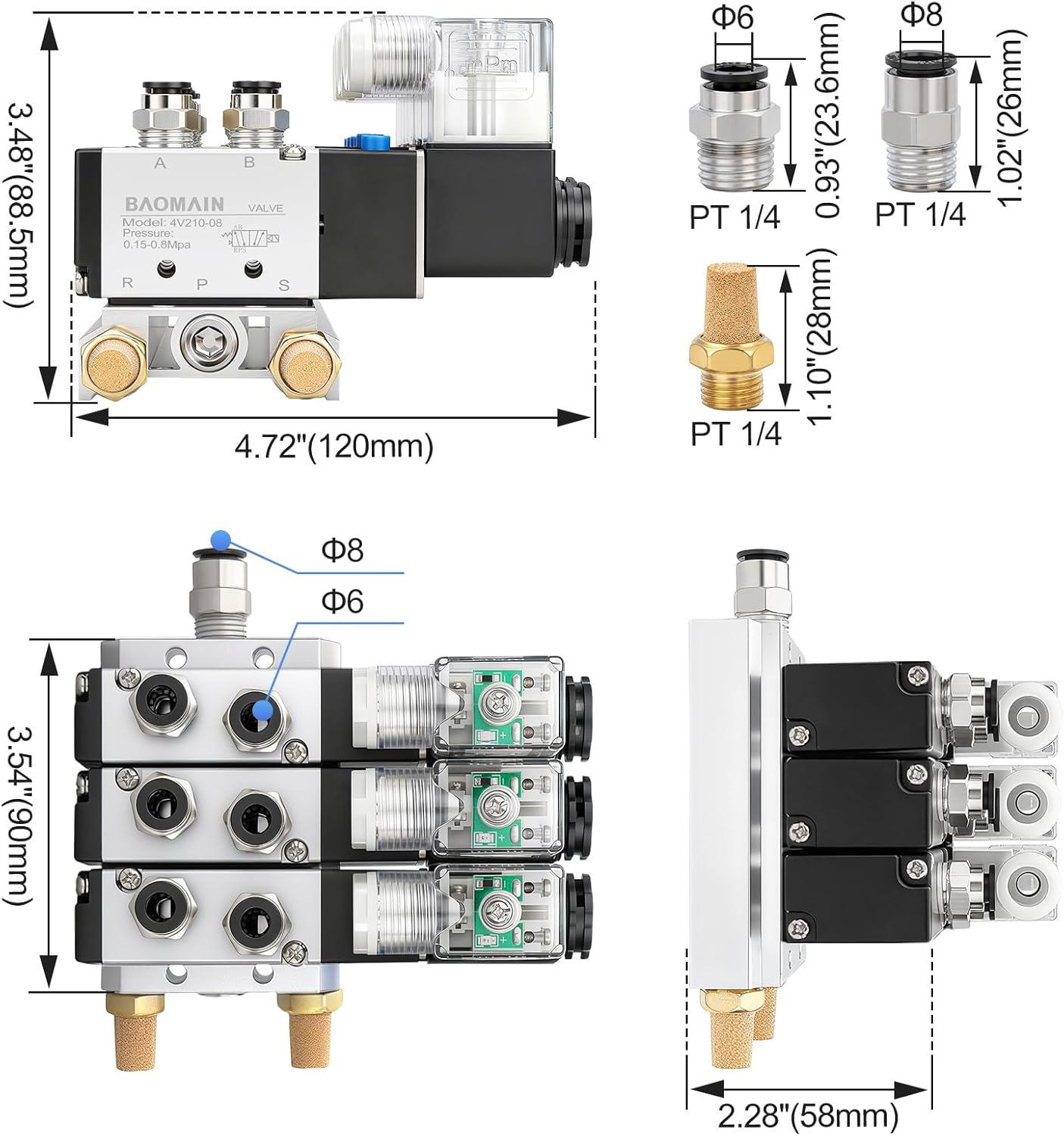 Baomain 3 Station Solenoid Valve Manifold, 24V DC 5 Way 2 Position Pneumatic Air Valve, Triple Solenoid, 1/4" PT Port, Includes Manifold Base & Mufflers, 4V210-08