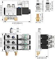 Vista 2 de Baomain Colector de válvula electromagnética de 3 estaciones, 12V DC 5 vías 2 posiciones válvula neumática de aire, solenoide triple, puerto PT