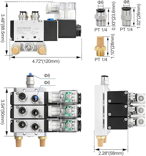 Miniatura 11 de Baomain 4V210-08 Electroválvula eléctrica, 24V DC 2-Posición 5-Way 1/4" Puerto PT, operado por piloto, cuerpo de aluminio con caja de conexiones