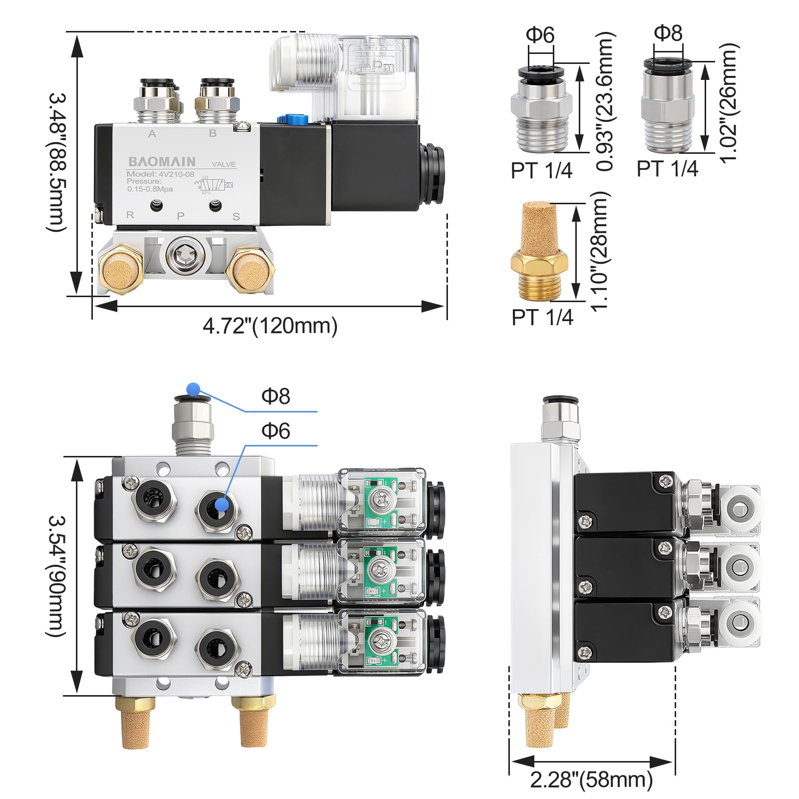Baomain elettrovalvola pneumatica 4V210-08 DC 24V 3 spazio 2 posizione 5 modo triplo silenziatori raccordi rapidi base set(2 posizioni valvola a 5 vie 3 spazi)